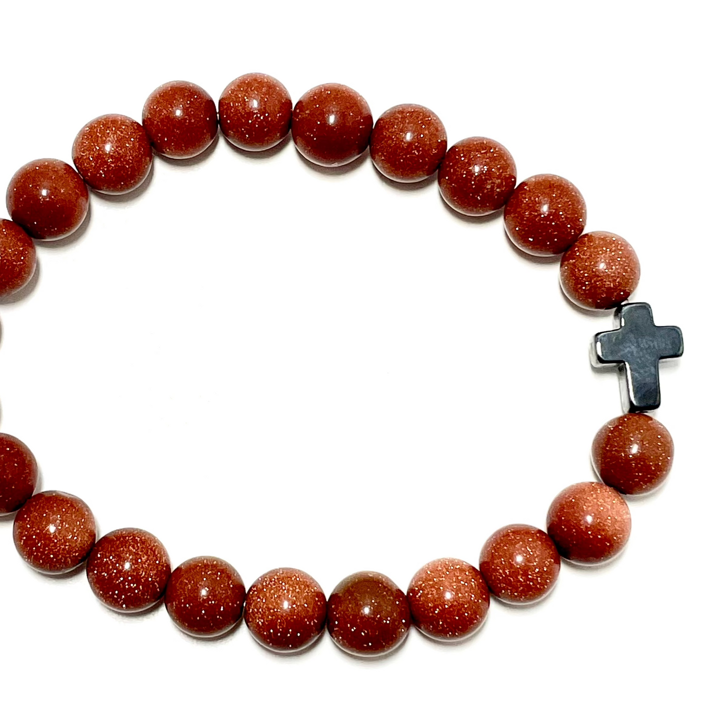 ✝️ Faithfully Rooted: 8mm Goldstone Bracelet with Hematite Cross