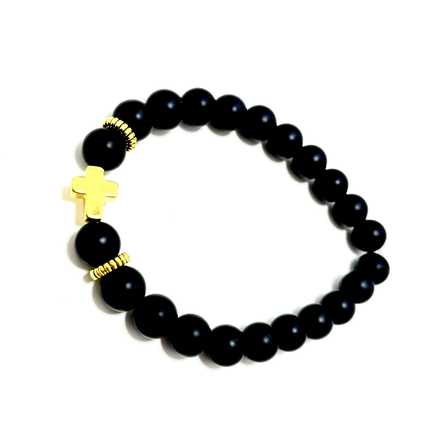 ✝️ Faithfully Rooted: 8mm Matted Onyx & Gold Coated Cross Bracelet