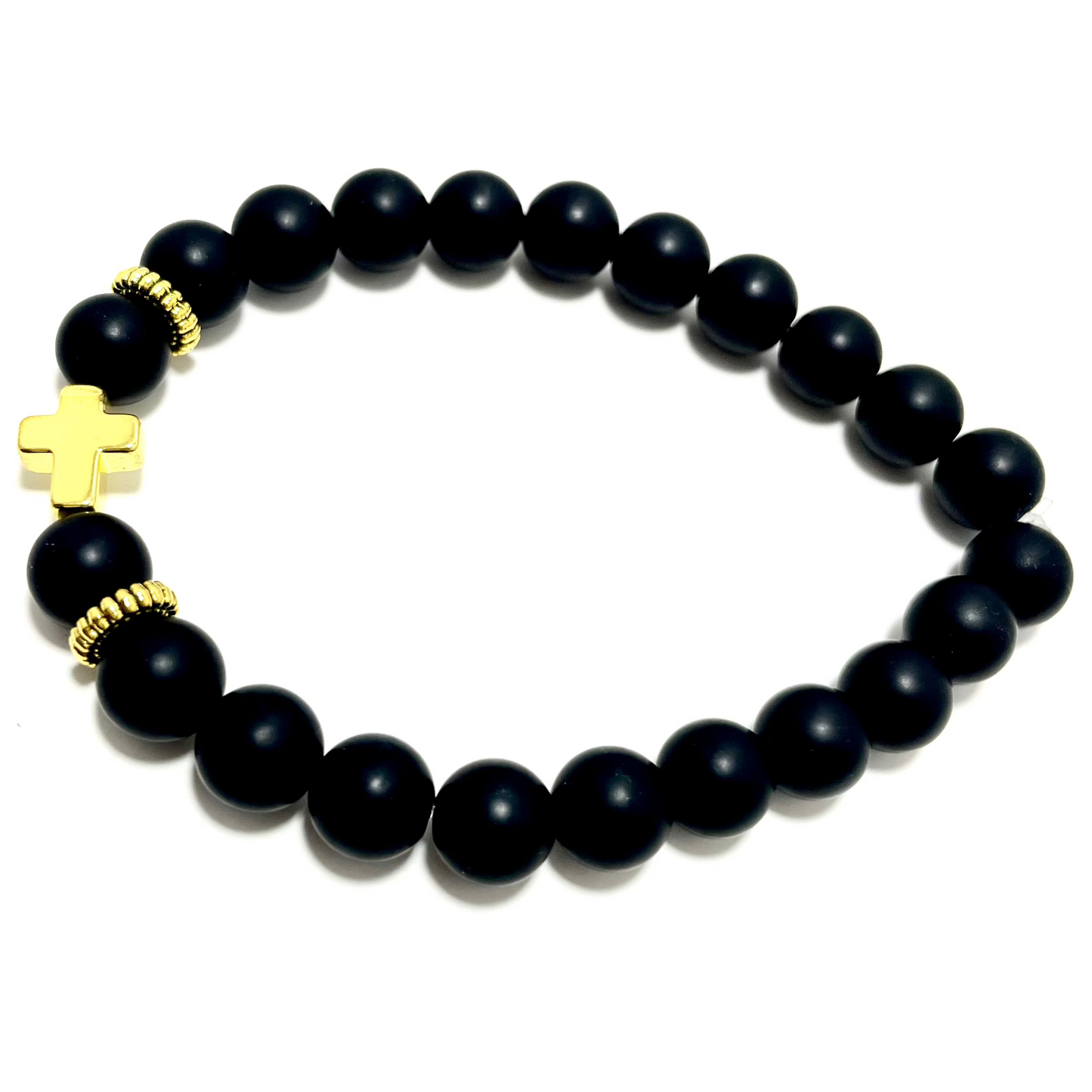 ✝️ Faithfully Rooted: 8mm Matted Onyx & Gold Coated Cross Bracelet