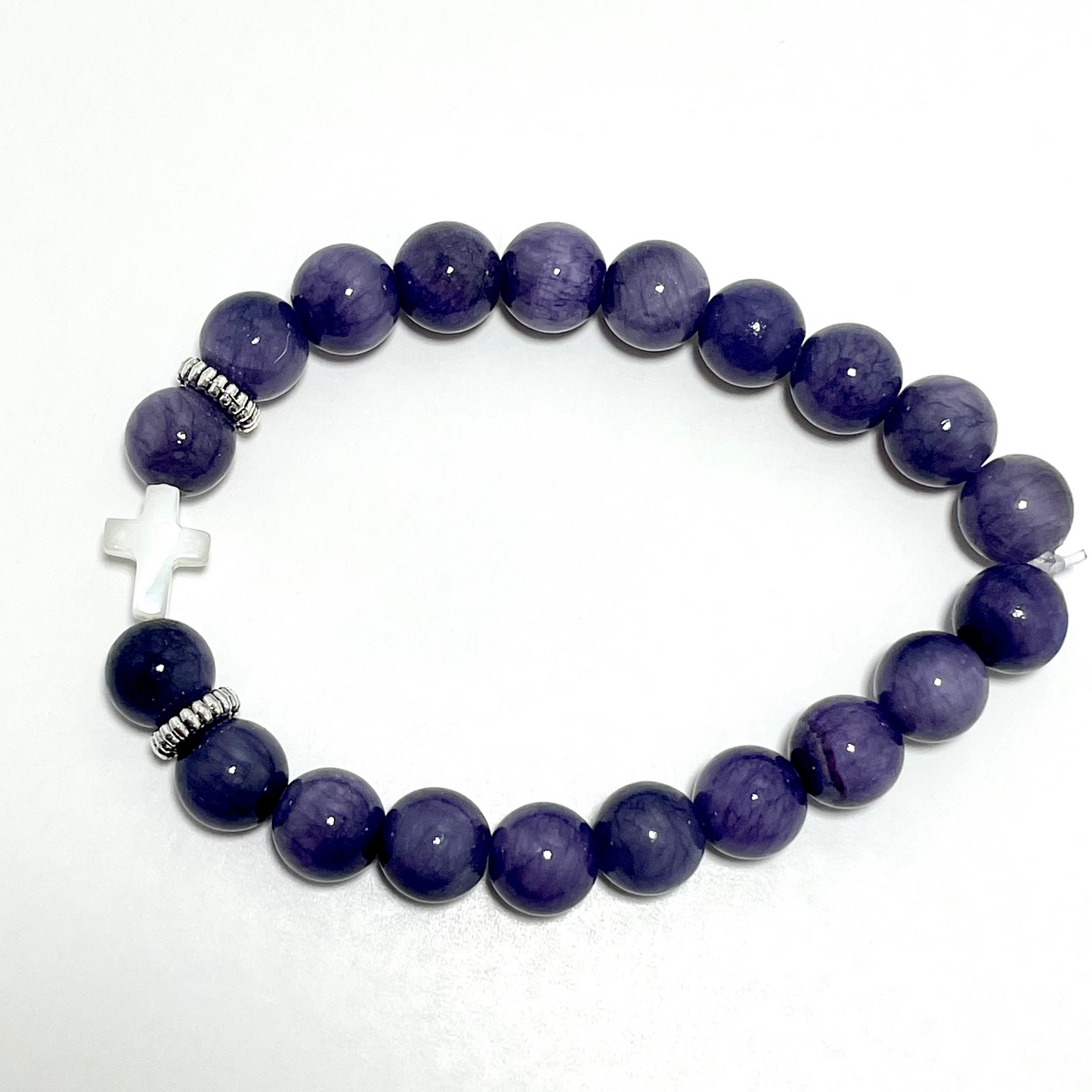 ✝️ Faithfully Rooted: 8mm Angelite & Shell Cross Bracelet