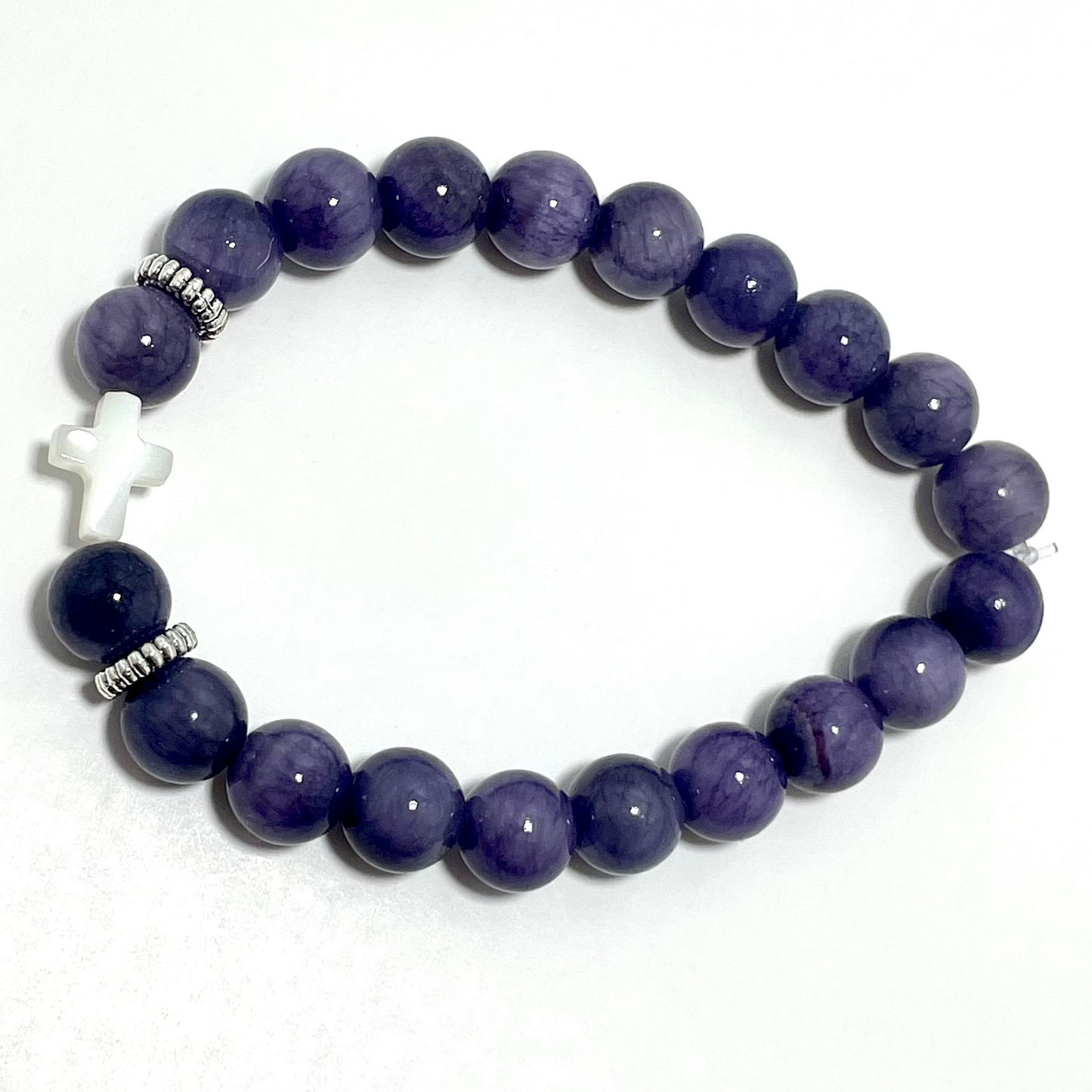 ✝️ Faithfully Rooted: 8mm Angelite & Shell Cross Bracelet