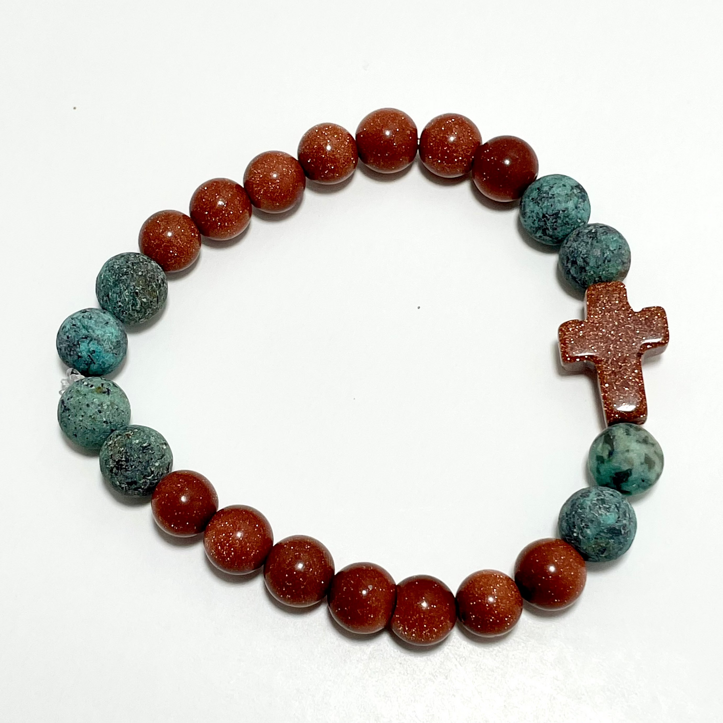 ✝️ Faithfully Rooted: 8mm Red Goldstone & Matted African Turquoise Cross Bracelet