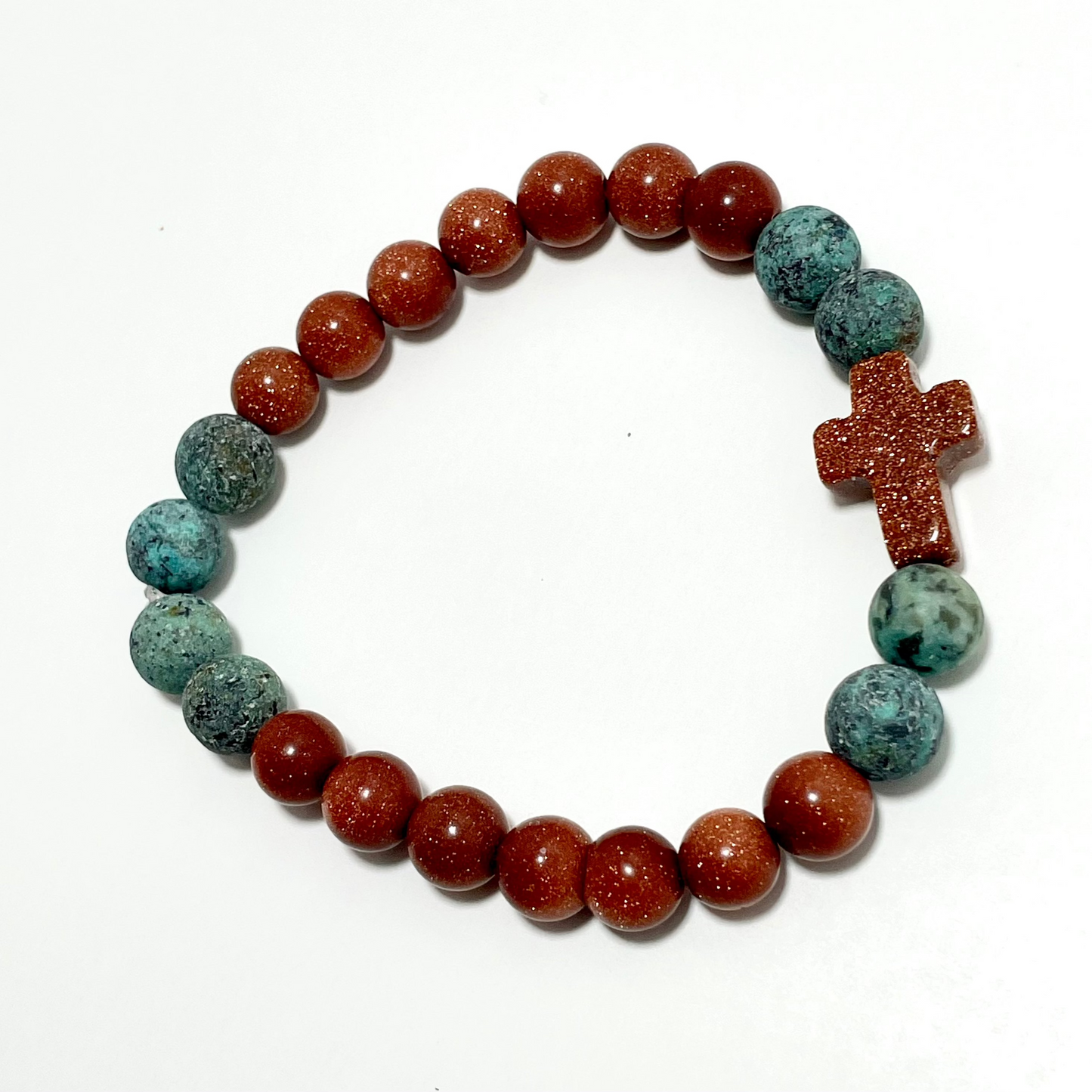 ✝️ Faithfully Rooted: 8mm Red Goldstone & Matted African Turquoise Cross Bracelet
