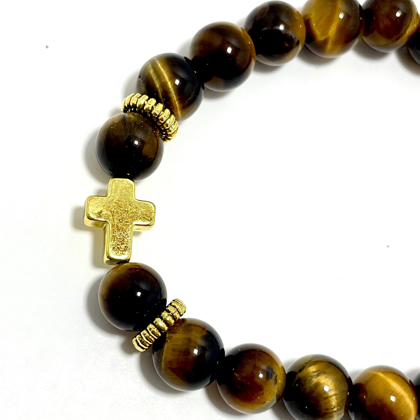✝️ Faithfully Rooted: 8mm Stretchy Tiger’s Eye Cross Bracelet
