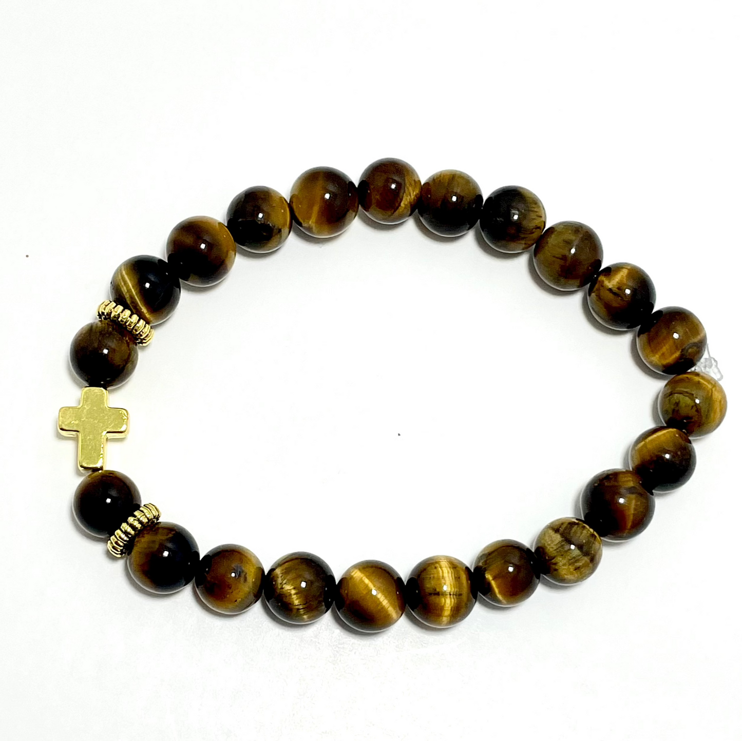 ✝️ Faithfully Rooted: 8mm Stretchy Tiger’s Eye Cross Bracelet