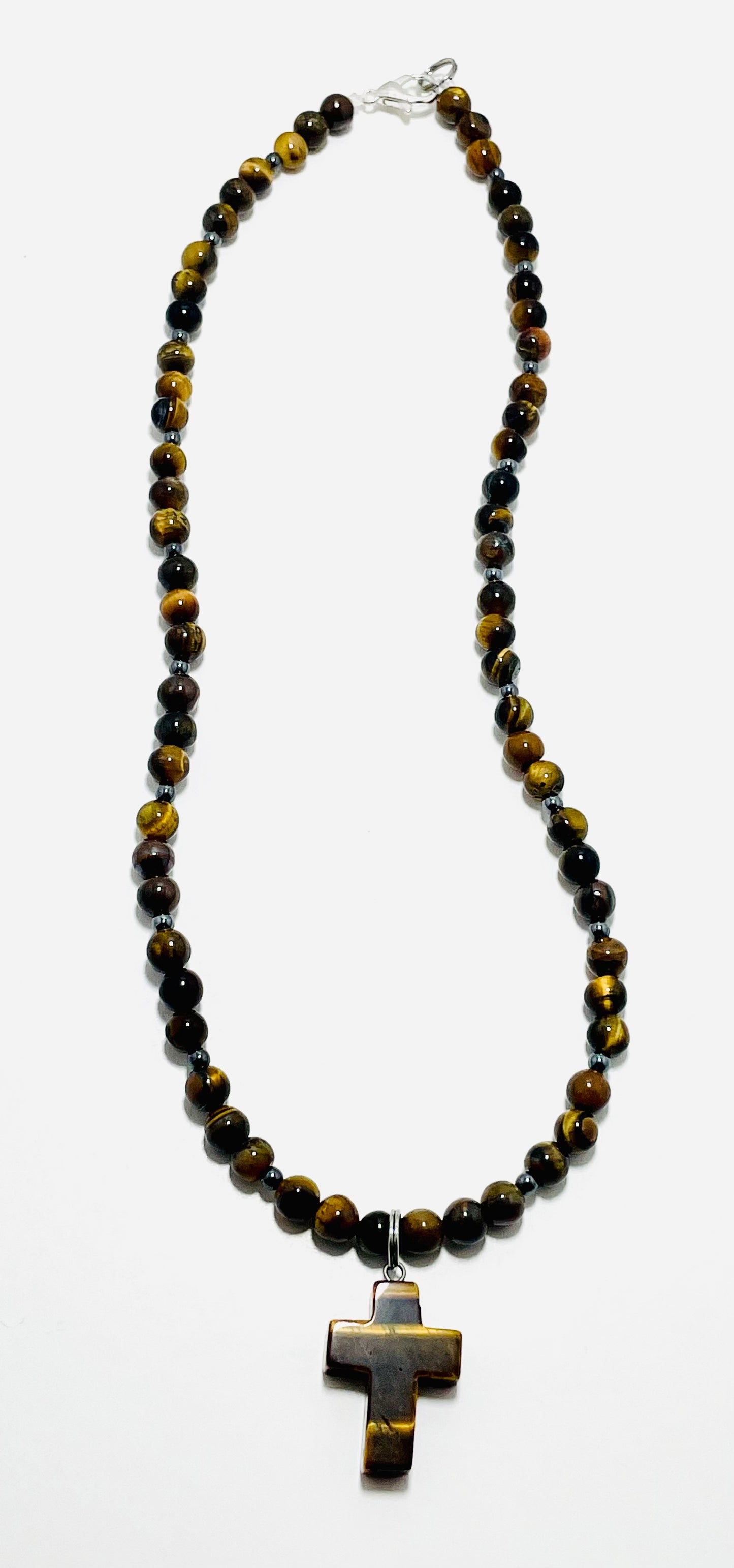 ✝️ Faithfully Rooted: 18.5" 6mm Tiger Eye & Hematite Cross Necklace