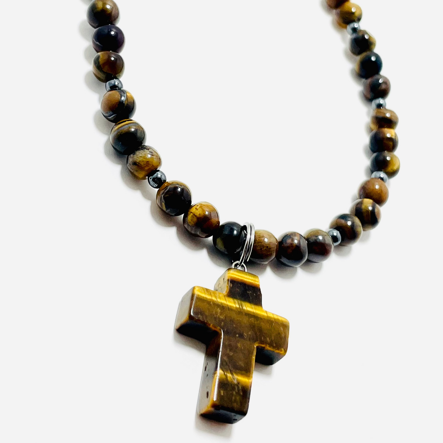 ✝️ Faithfully Rooted: 18.5" 6mm Tiger Eye & Hematite Cross Necklace