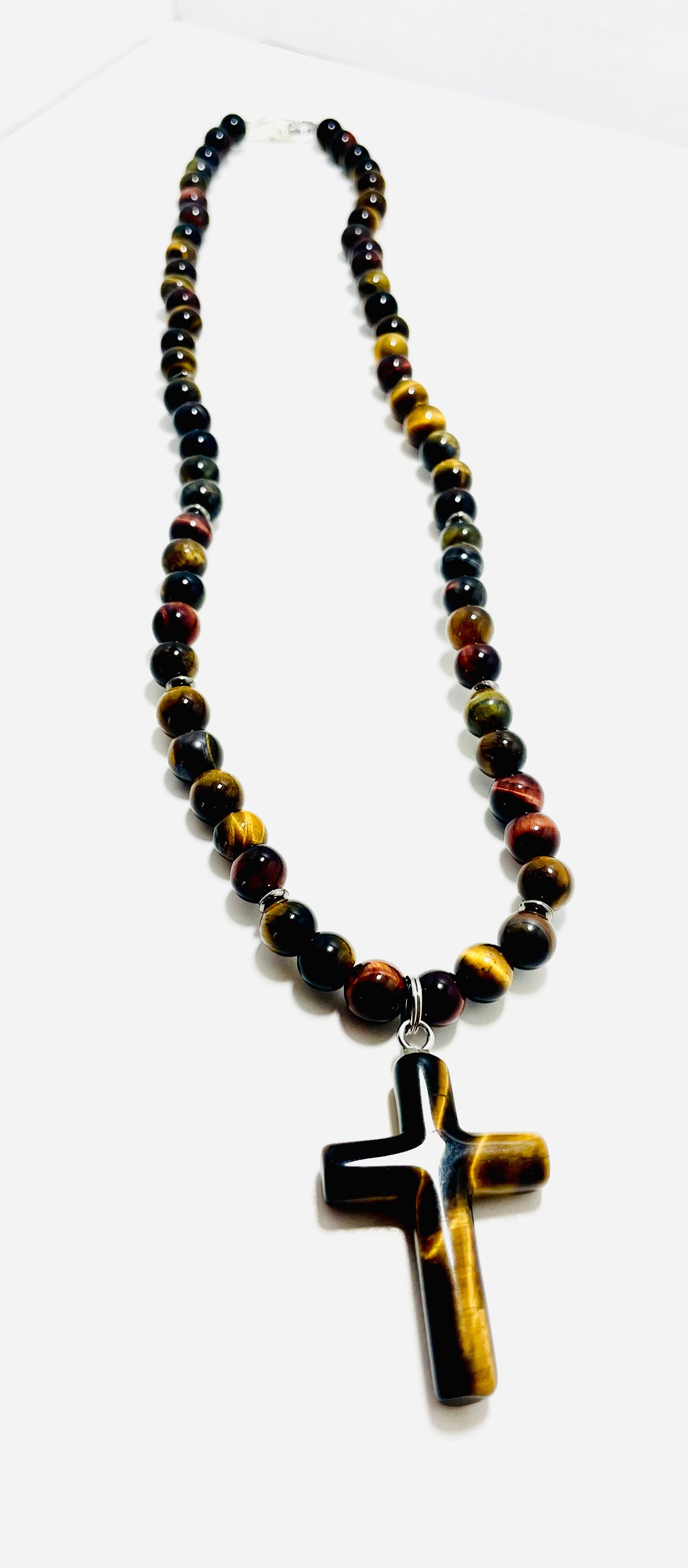 ✝️ Faithfully Rooted: 22" Red & Brown Tiger’s Eye Cross Necklace