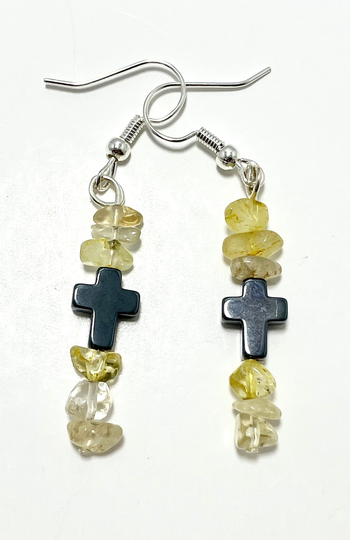 ✟ Hematite Cross Earrings – Adorned with Citrine Chips