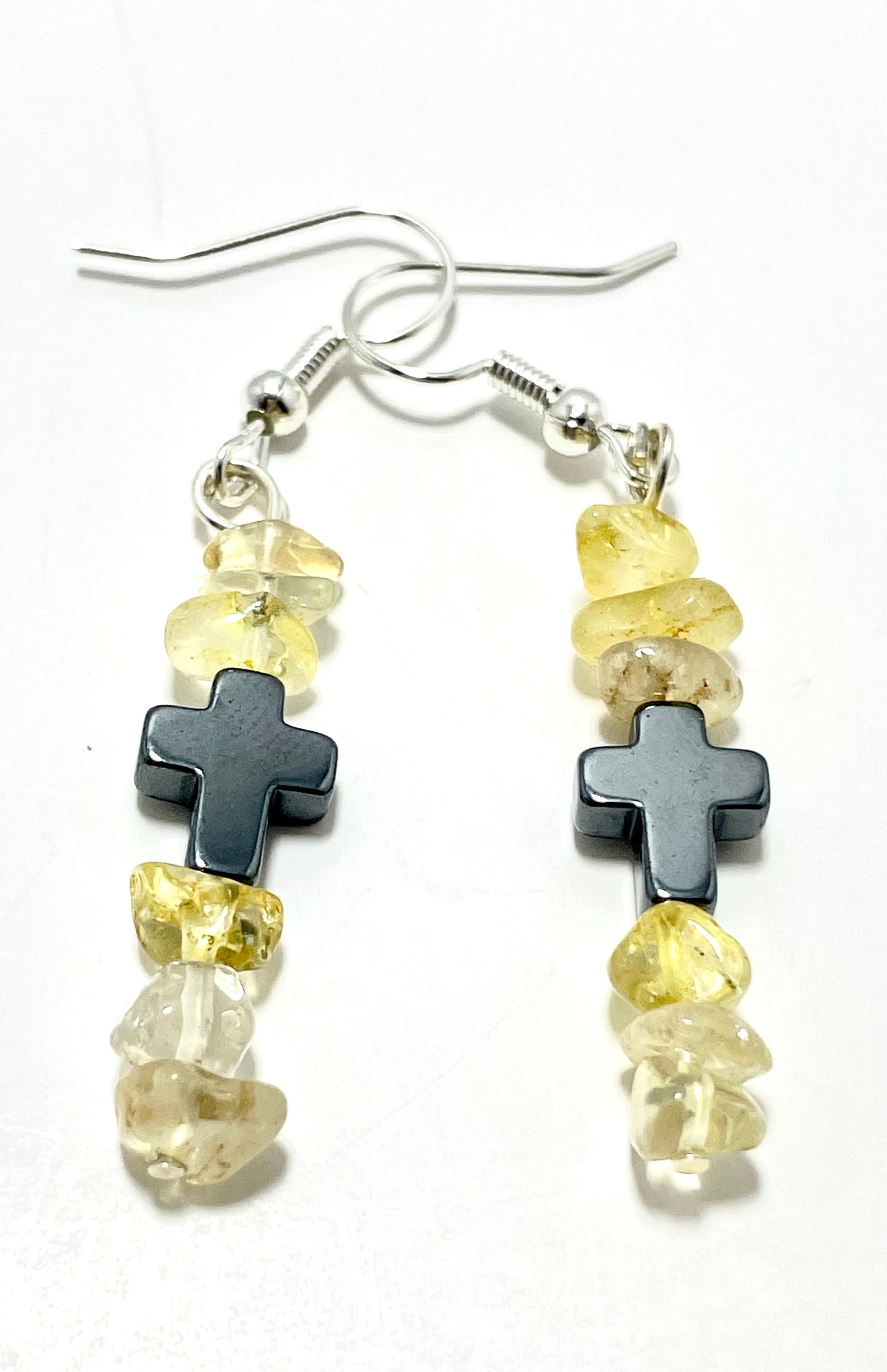 ✟ Hematite Cross Earrings – Adorned with Citrine Chips