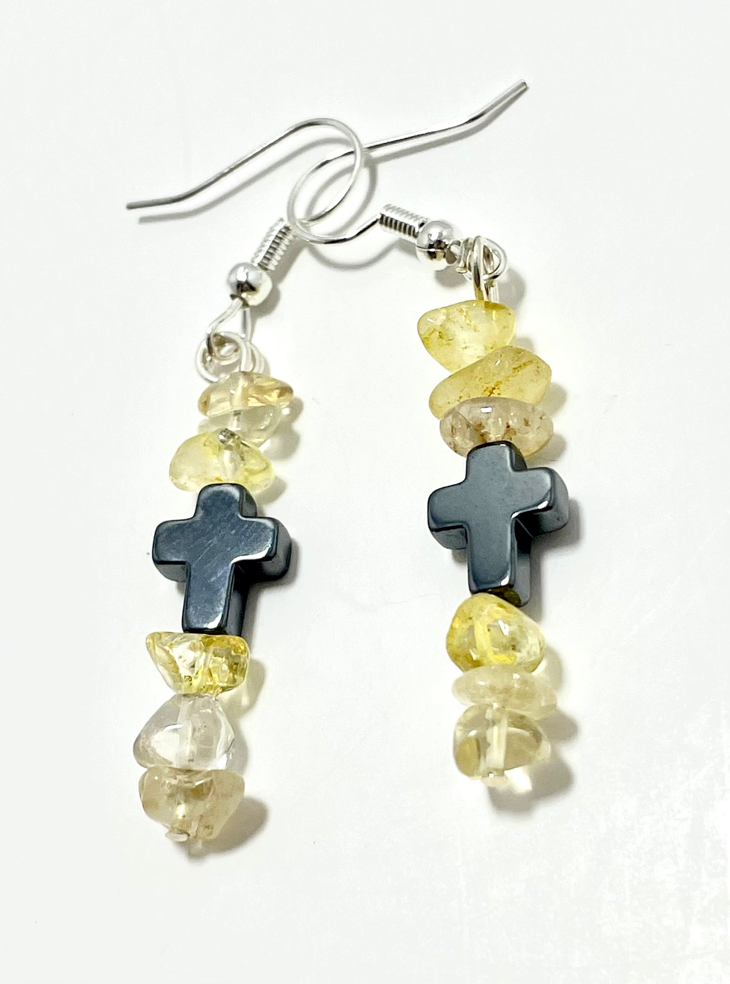 ✟ Hematite Cross Earrings – Adorned with Citrine Chips