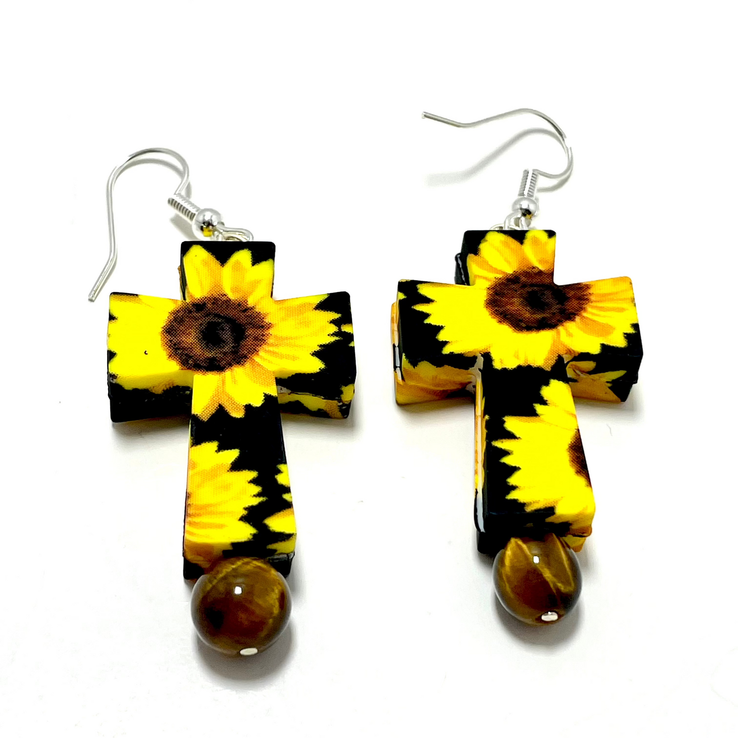 🌻 Sunflower Cross Earrings – Adorned with Tiger’s Eye