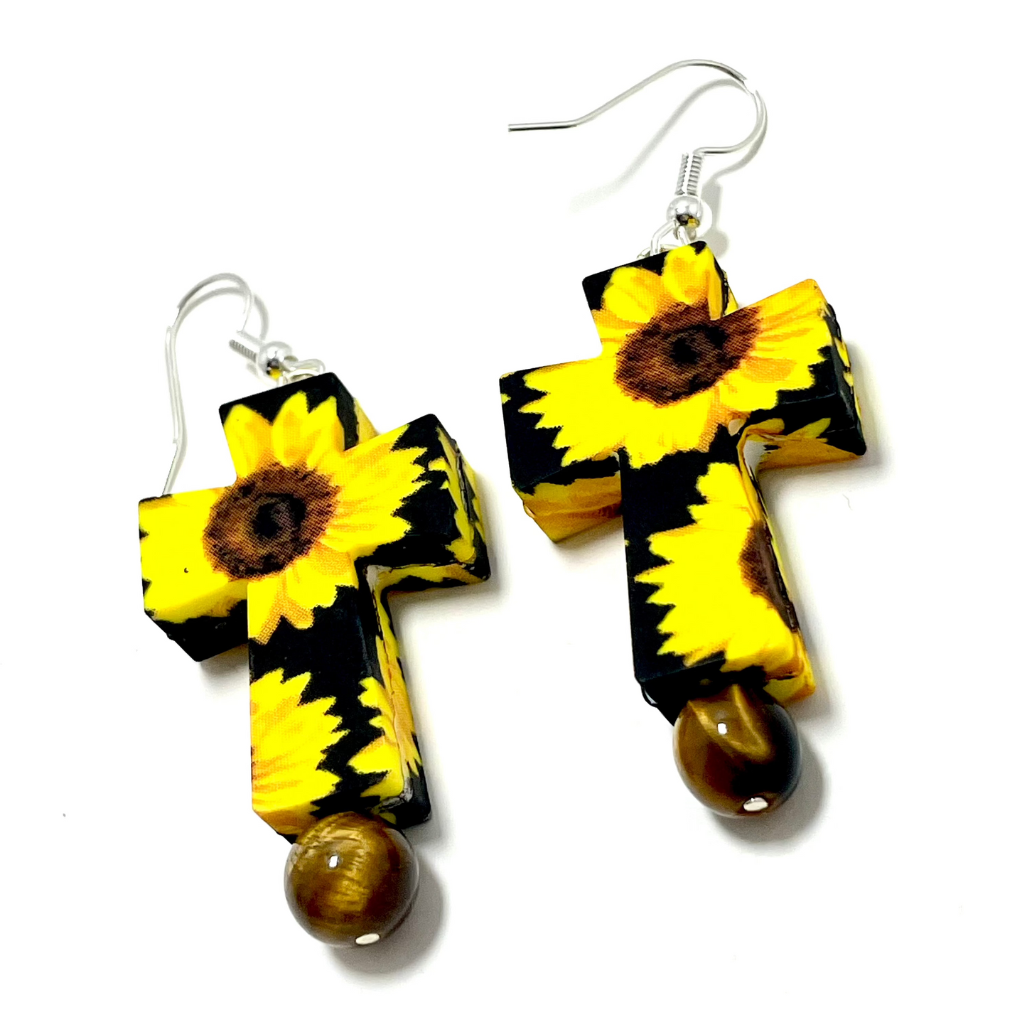 🌻 Sunflower Cross Earrings – Adorned with Tiger’s Eye
