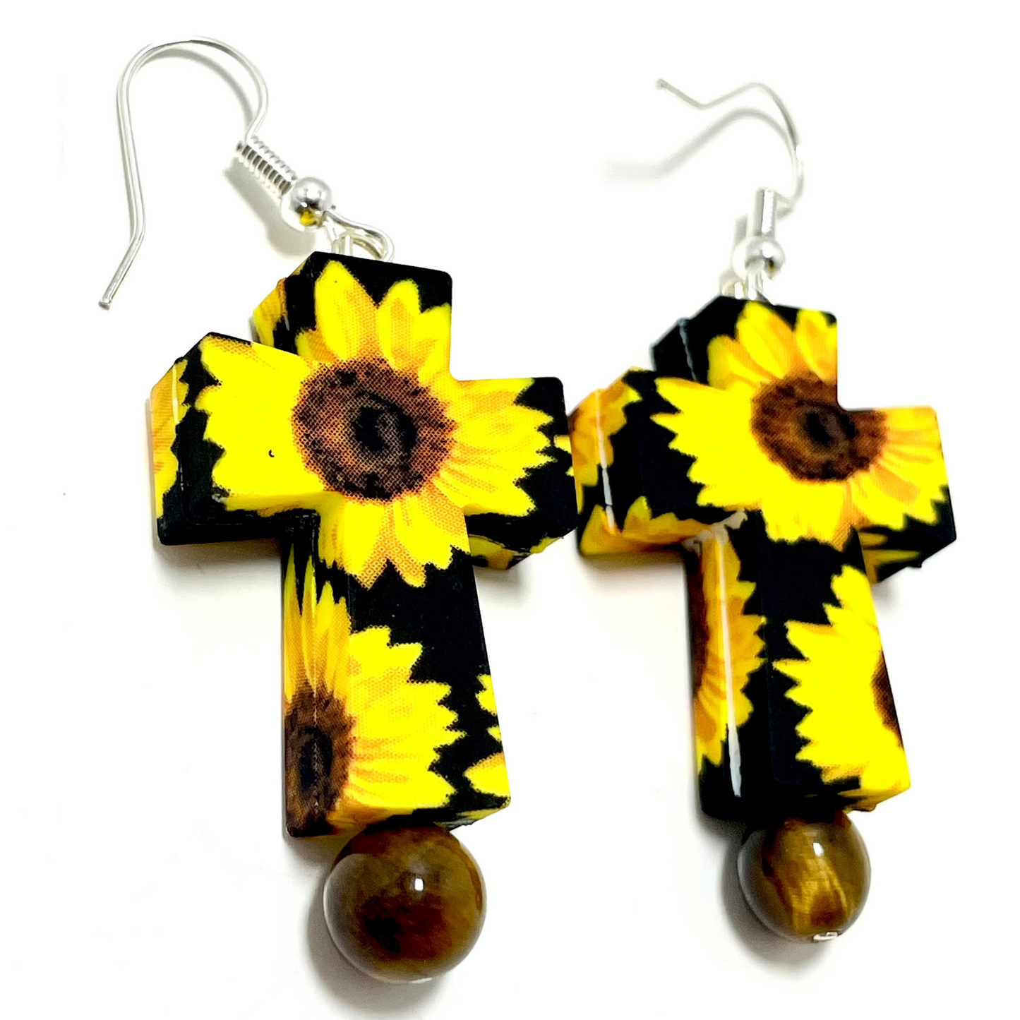🌻 Sunflower Cross Earrings – Adorned with Tiger’s Eye