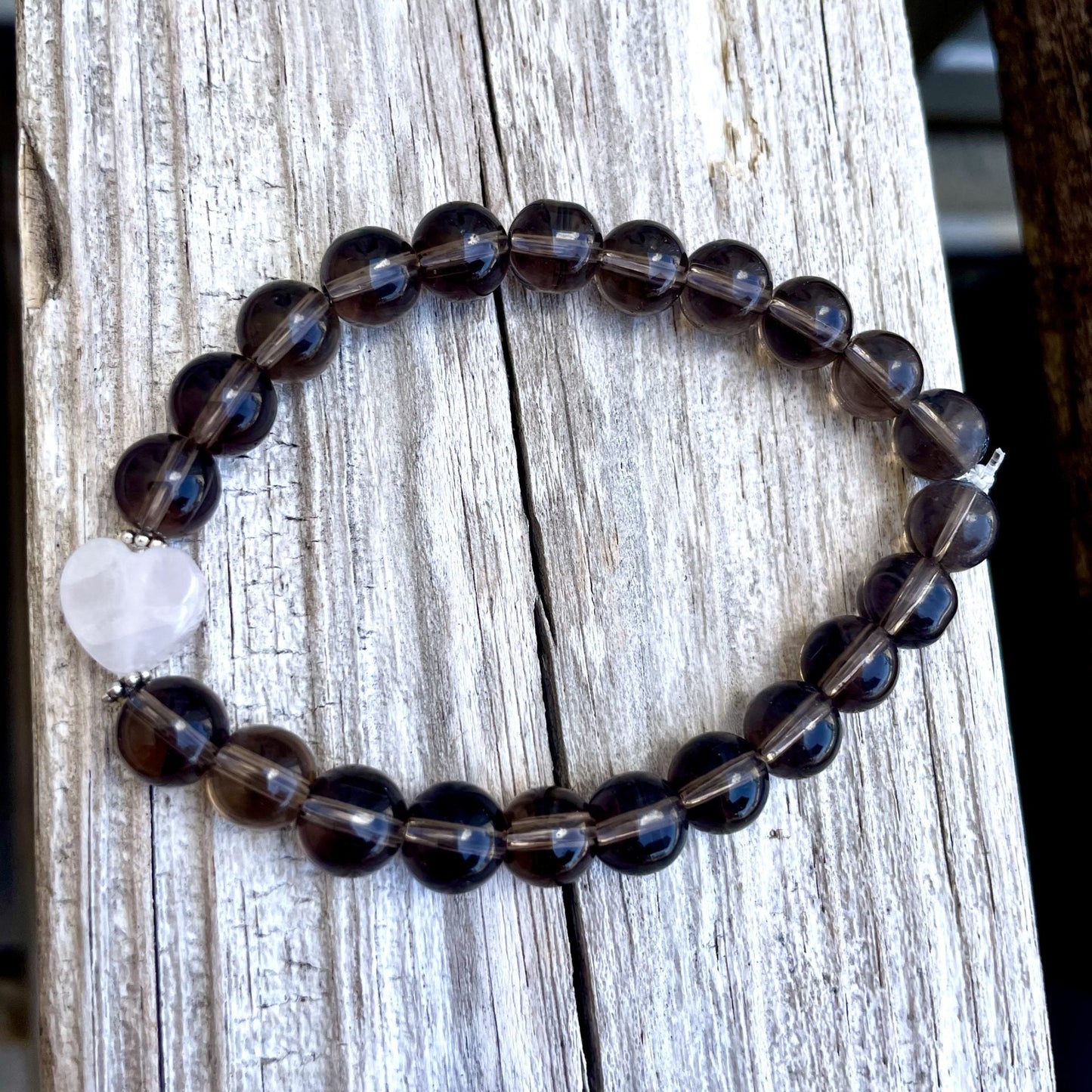 💖✨ Stretchy 8mm Smoky Quartz & Rose Quartz Heart Bracelet