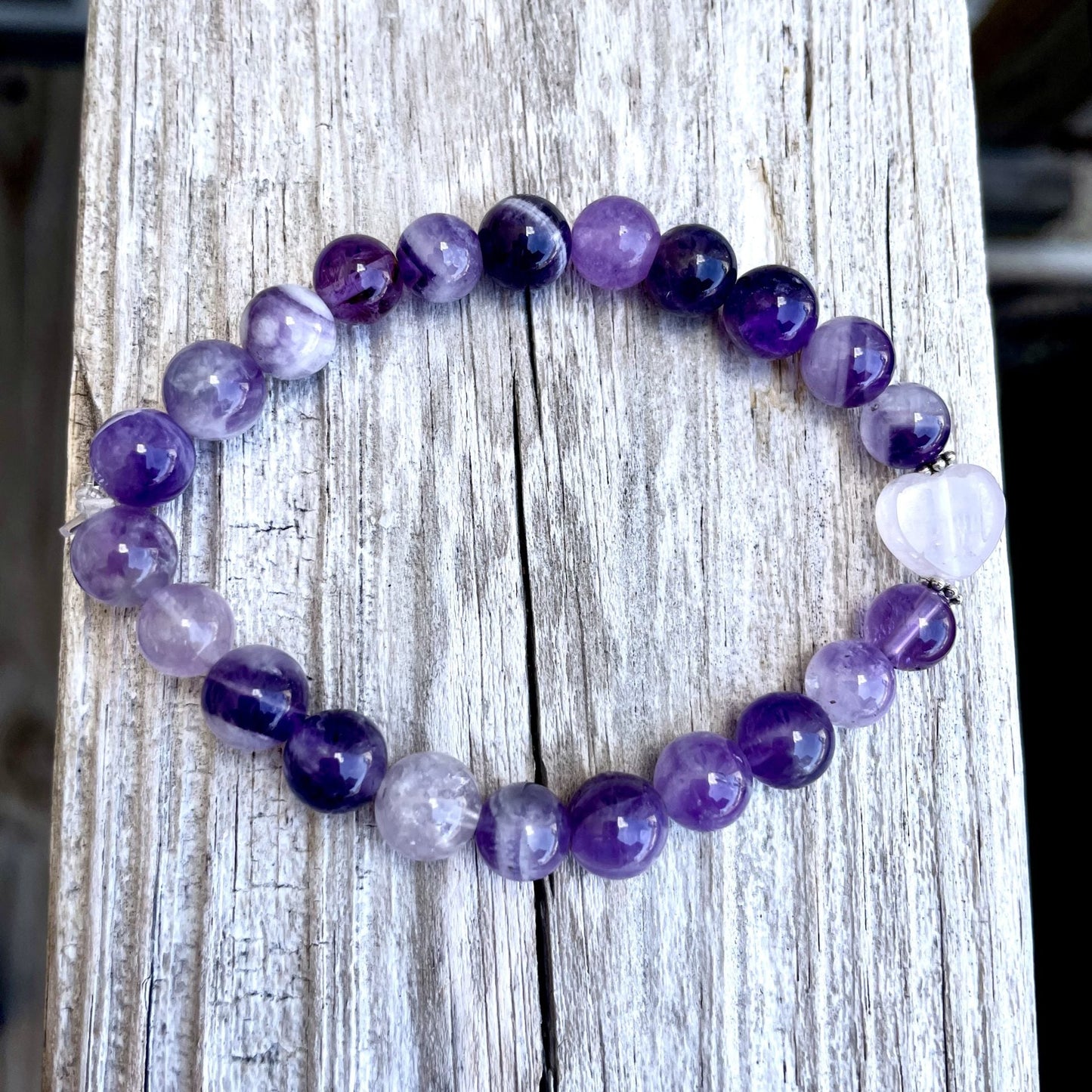 💜💖 Stretchy 8mm Amethyst & Rose Quartz Heart Bracelet