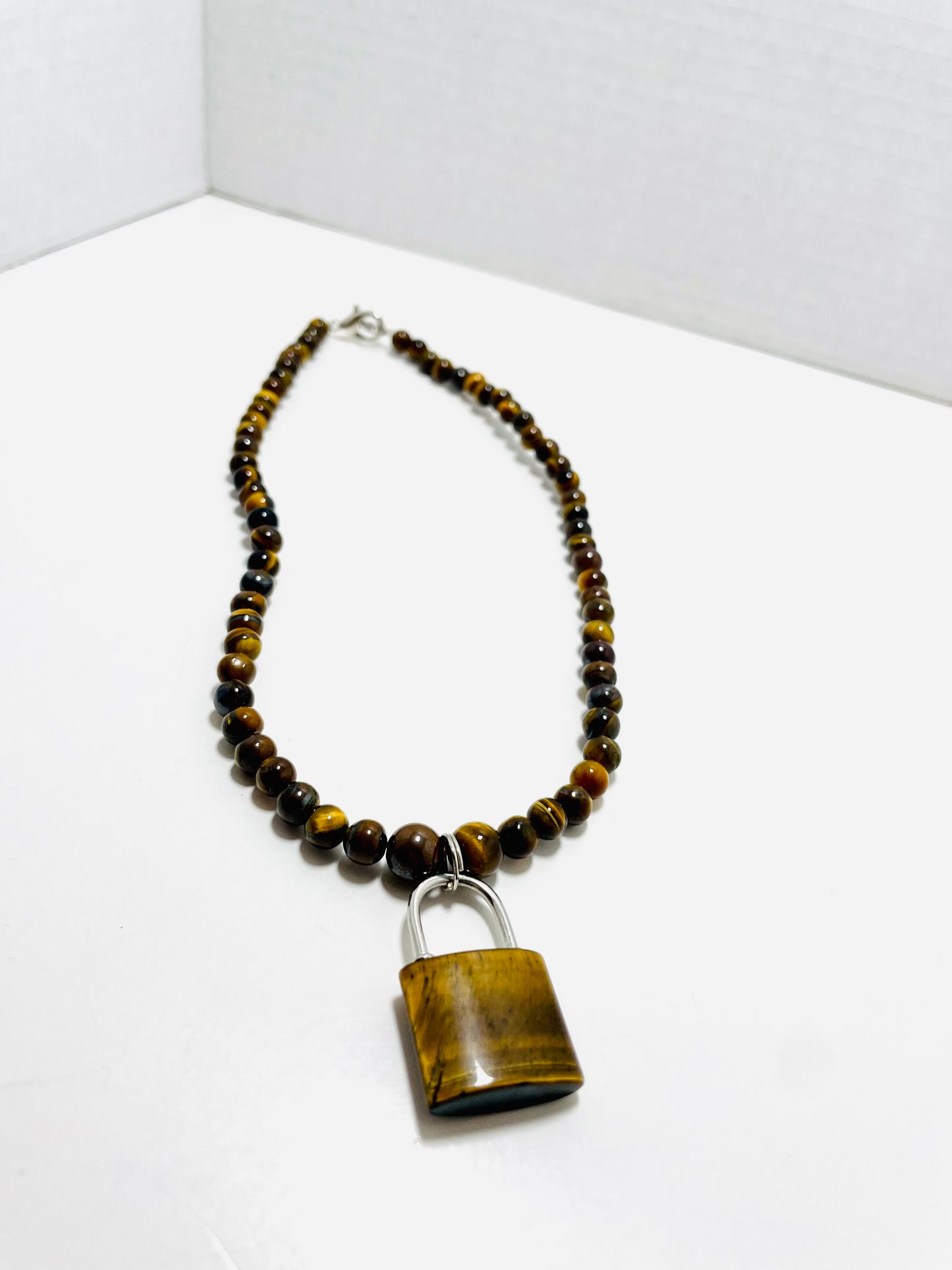 🔒🐯 Fierce Focus Padlock Choker – 17” Tiger’s Eye & Stainless Steel Power Necklace