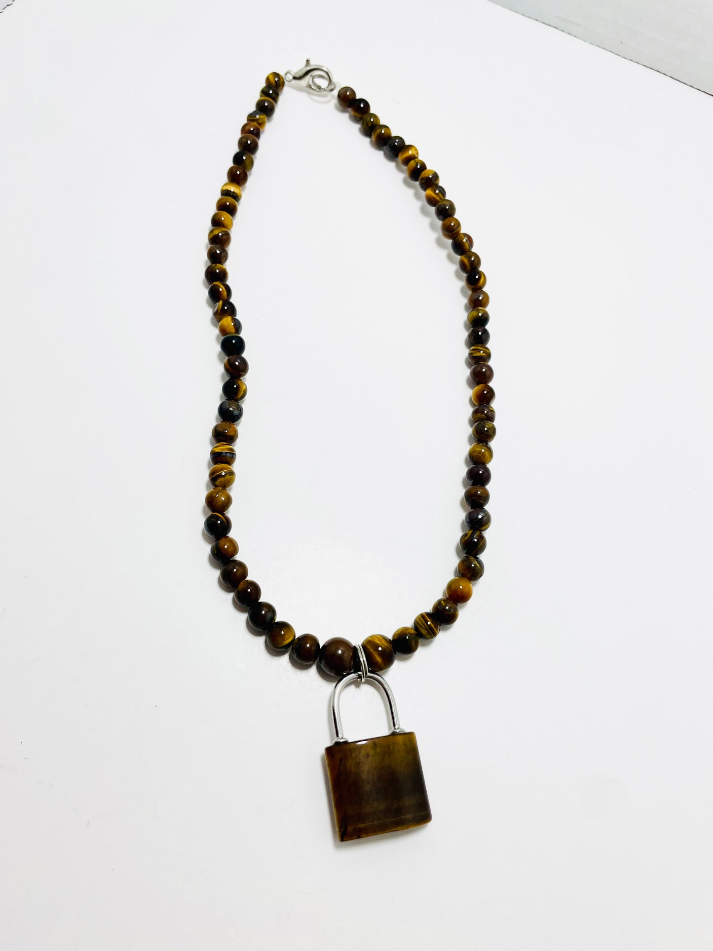 🔒🐯 Fierce Focus Padlock Choker – 17” Tiger’s Eye & Stainless Steel Power Necklace