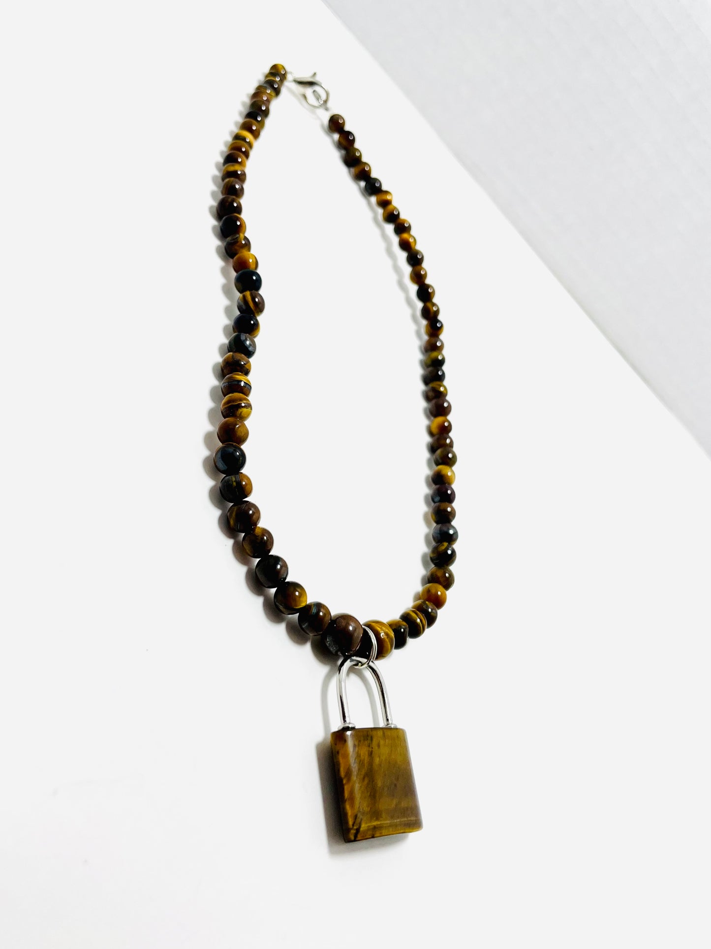 🔒🐯 Fierce Focus Padlock Choker – 17” Tiger’s Eye & Stainless Steel Power Necklace