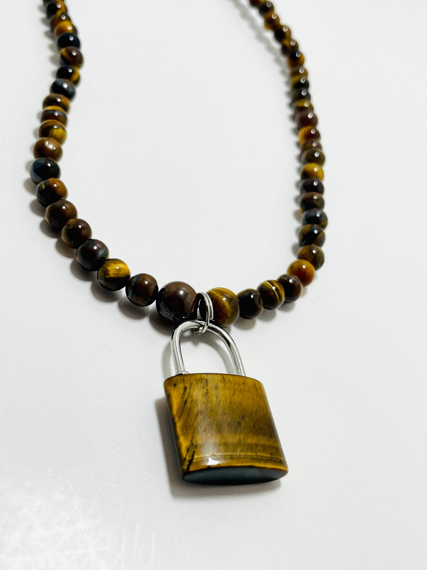🔒🐯 Fierce Focus Padlock Choker – 17” Tiger’s Eye & Stainless Steel Power Necklace