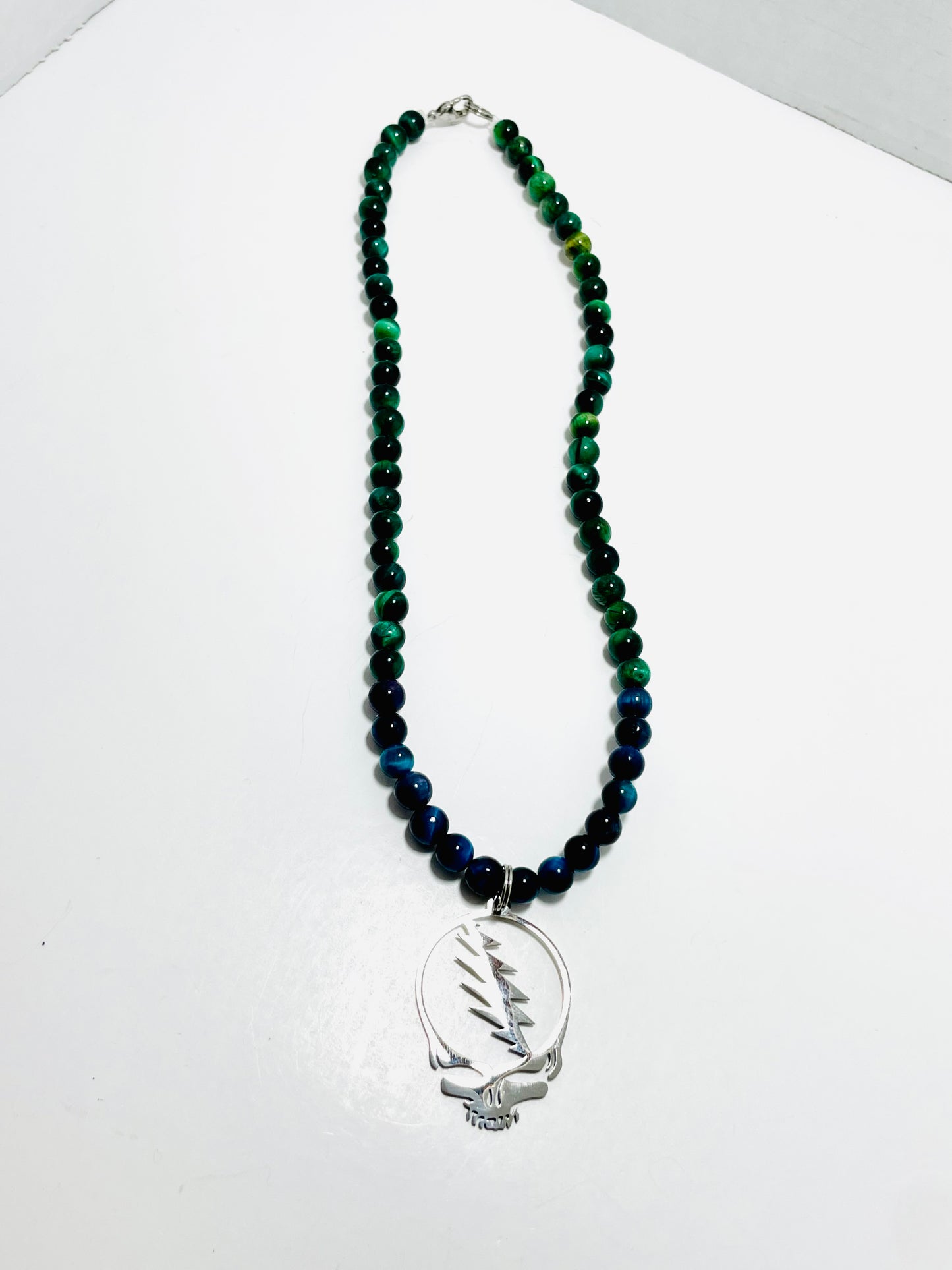 🎸 16.5” Grateful Dead Choker Necklace Adorned with Blue & Green Tiger’s Eye Beads