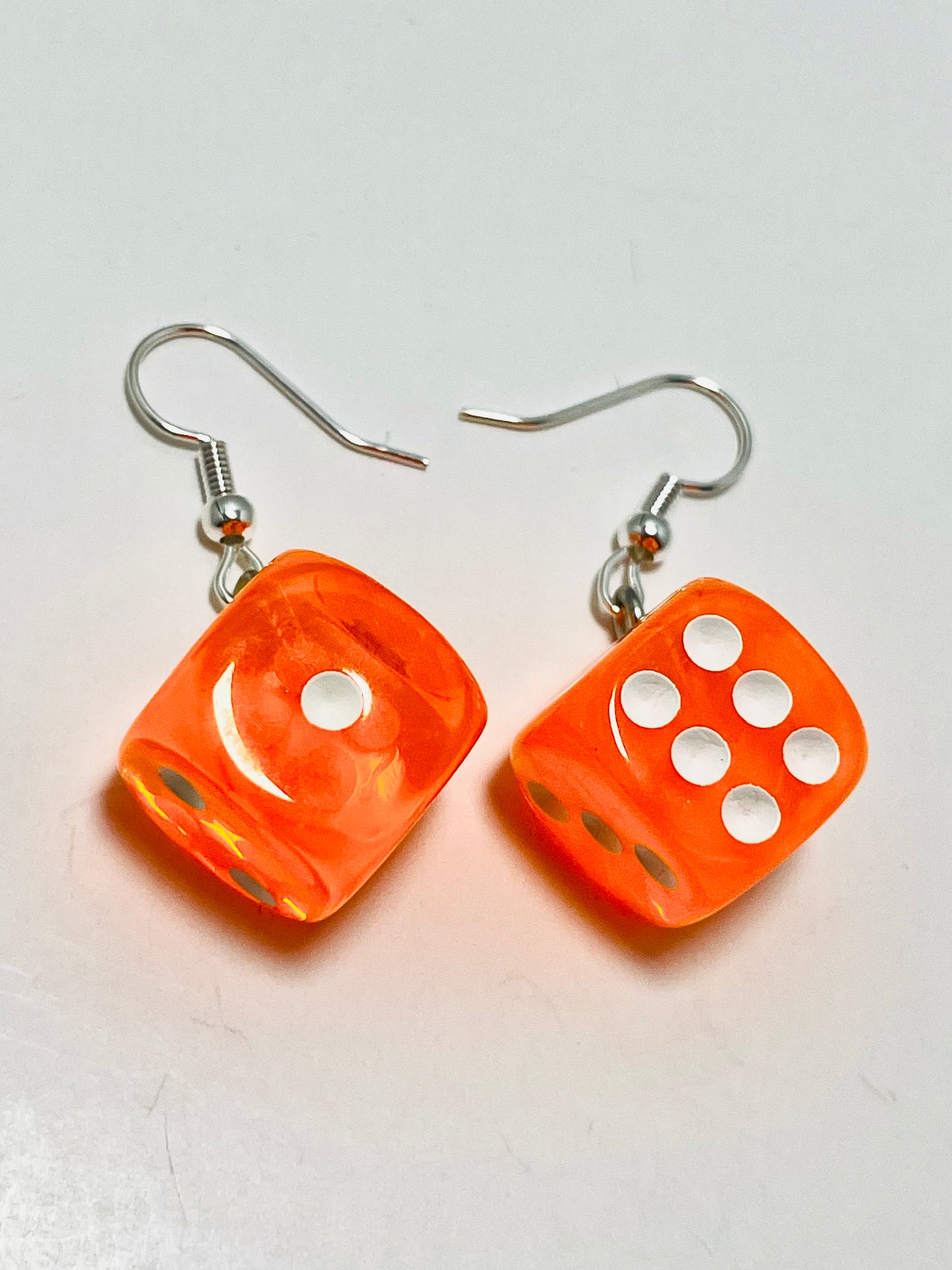 Bright Orange Resin Dice Earrings with Stainless Steel Hooks – Handmade by Mad Mellow