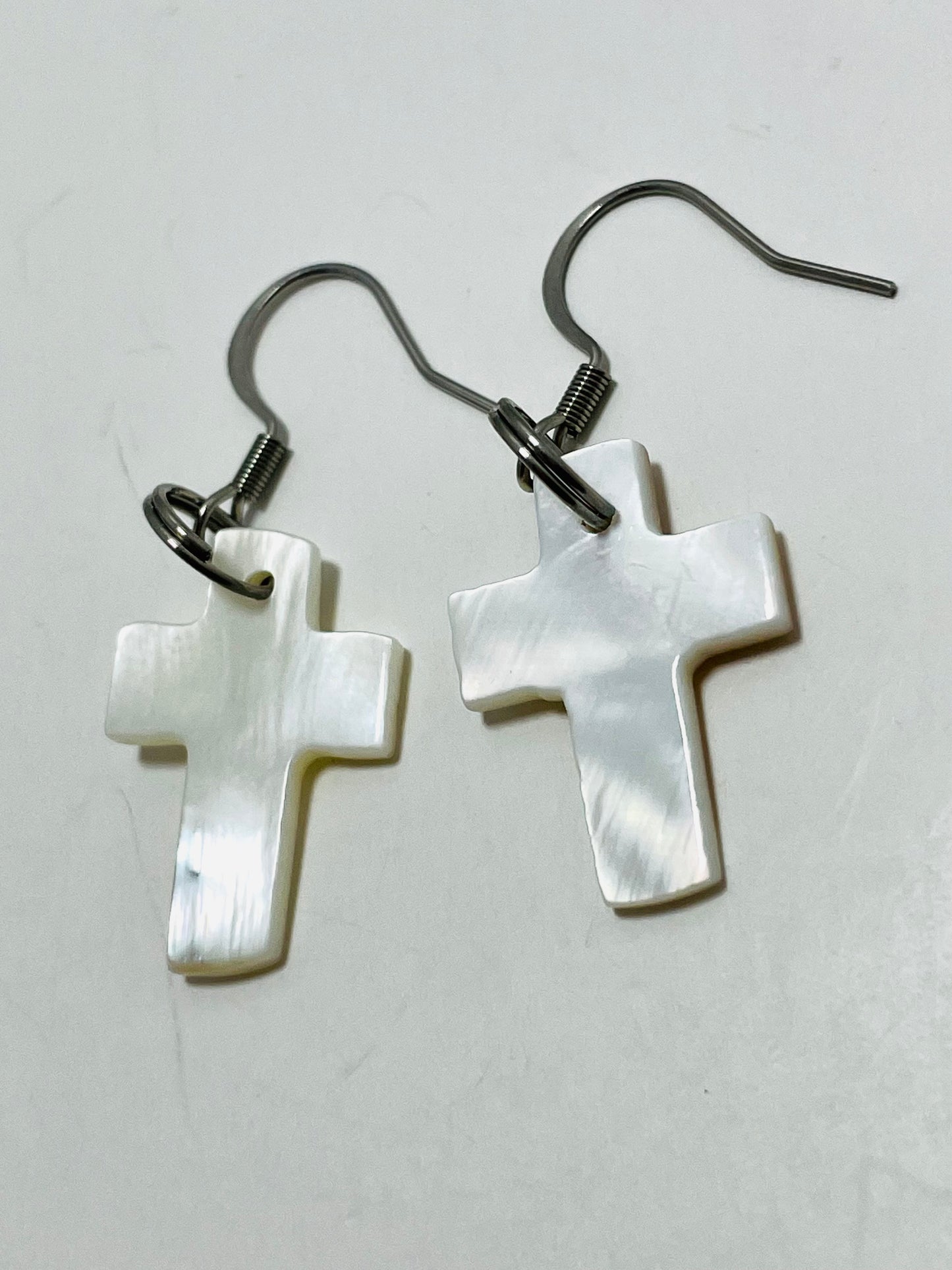 Faithfully Rooted Shell Cross Earrings with Stainless Steel Hooks – Handmade by Mad Mellow
