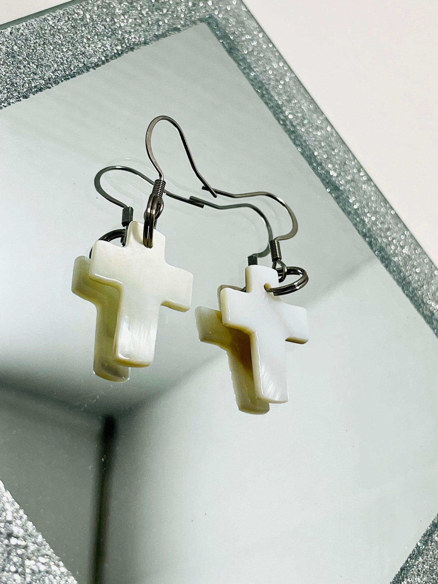 Faithfully Rooted Shell Cross Earrings with Stainless Steel Hooks – Handmade by Mad Mellow