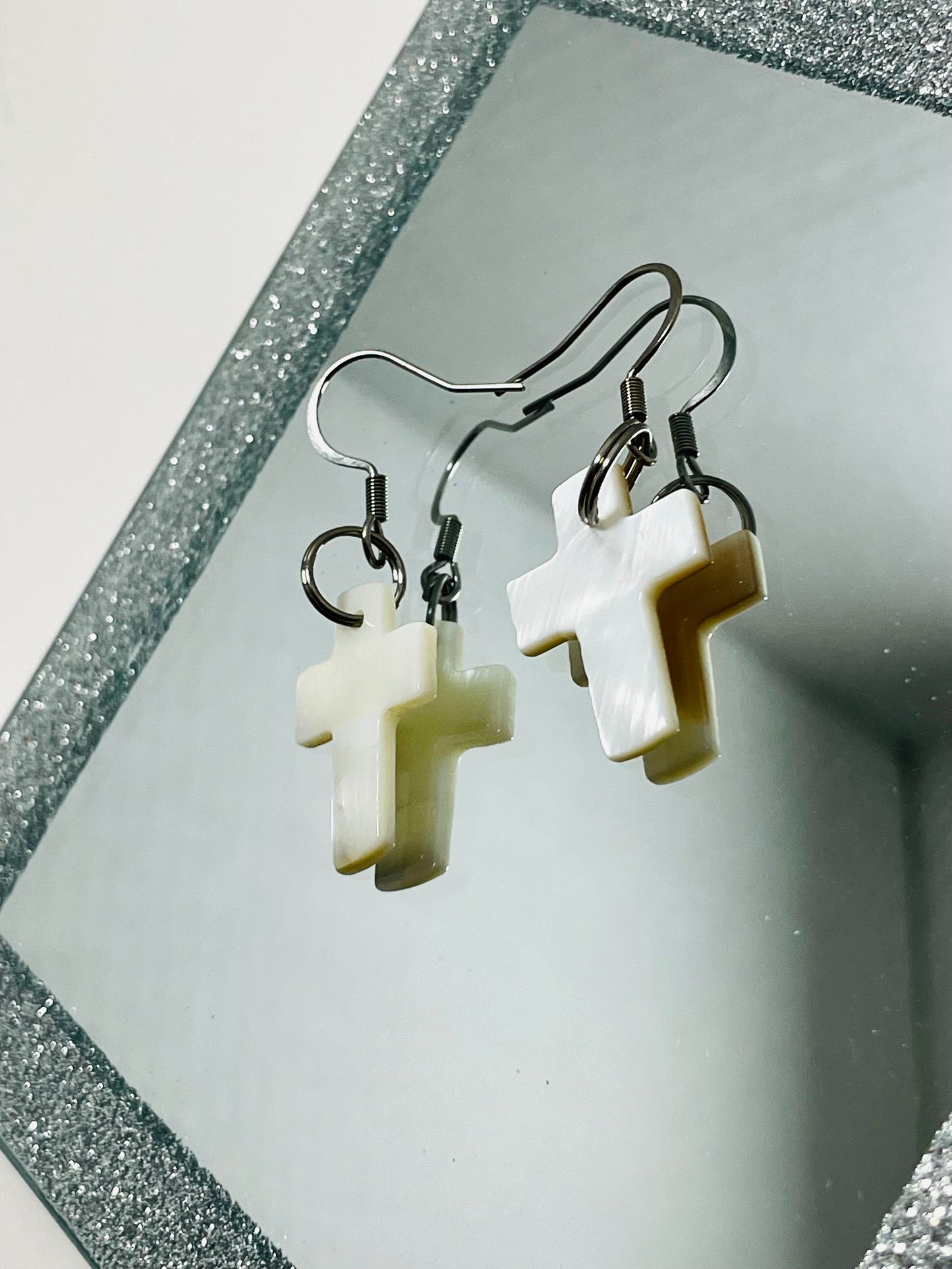 Faithfully Rooted Shell Cross Earrings with Stainless Steel Hooks – Handmade by Mad Mellow