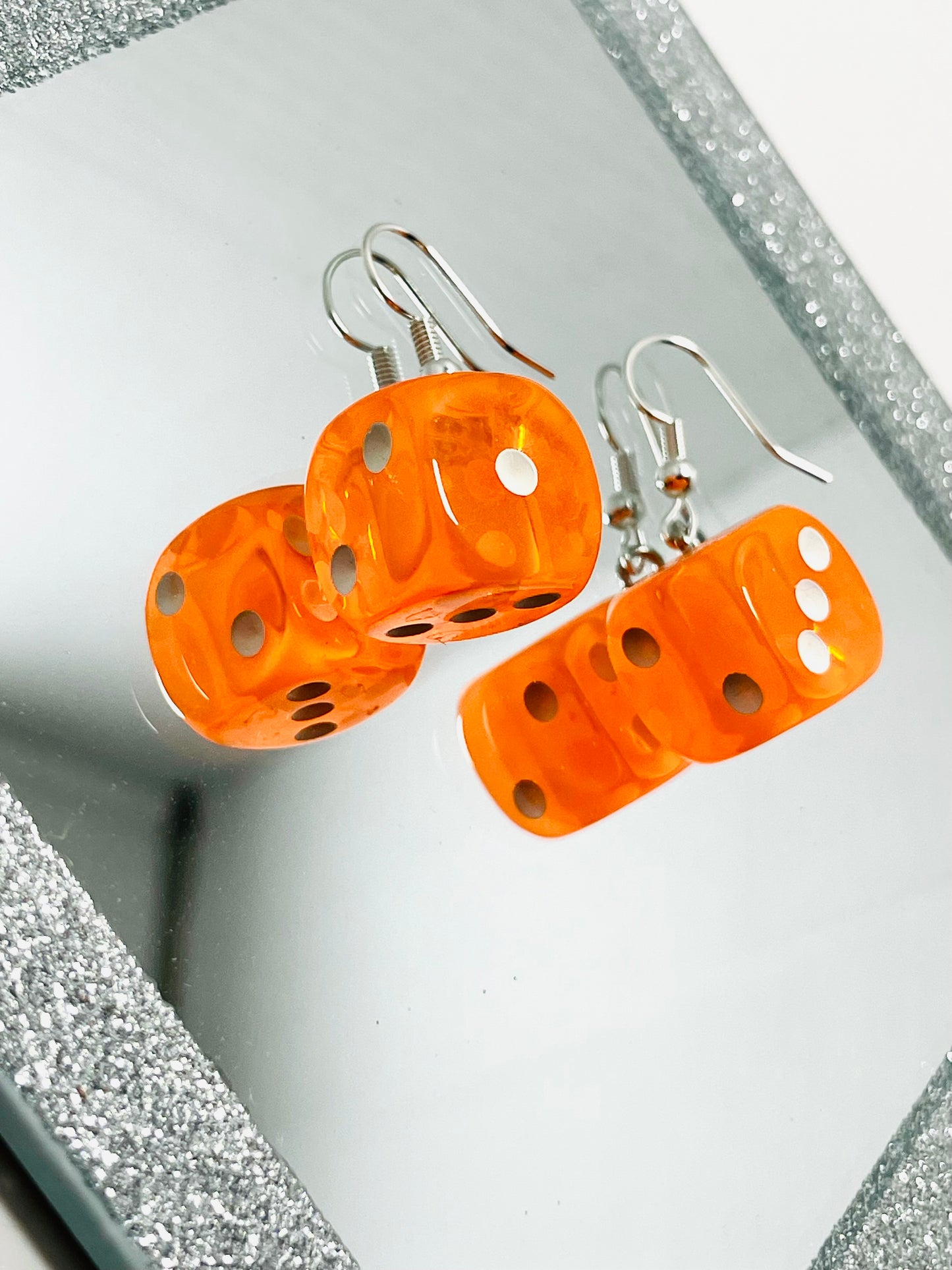 Bright Orange Resin Dice Earrings with Stainless Steel Hooks – Handmade by Mad Mellow