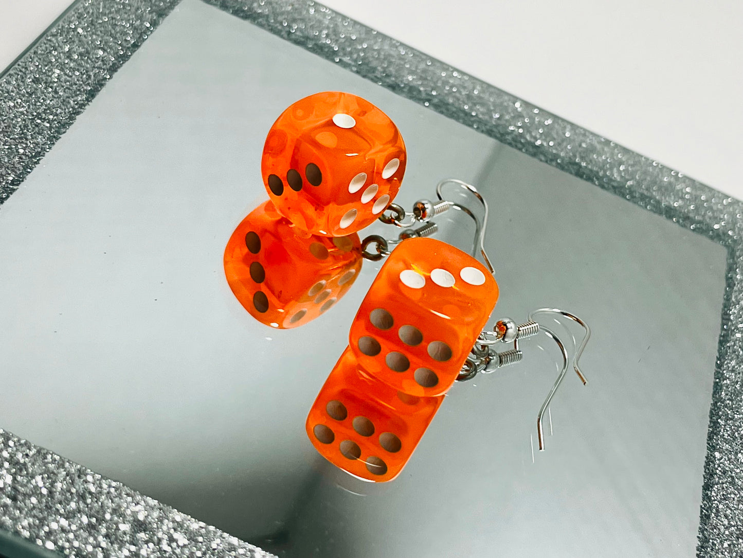 Bright Orange Resin Dice Earrings with Stainless Steel Hooks – Handmade by Mad Mellow