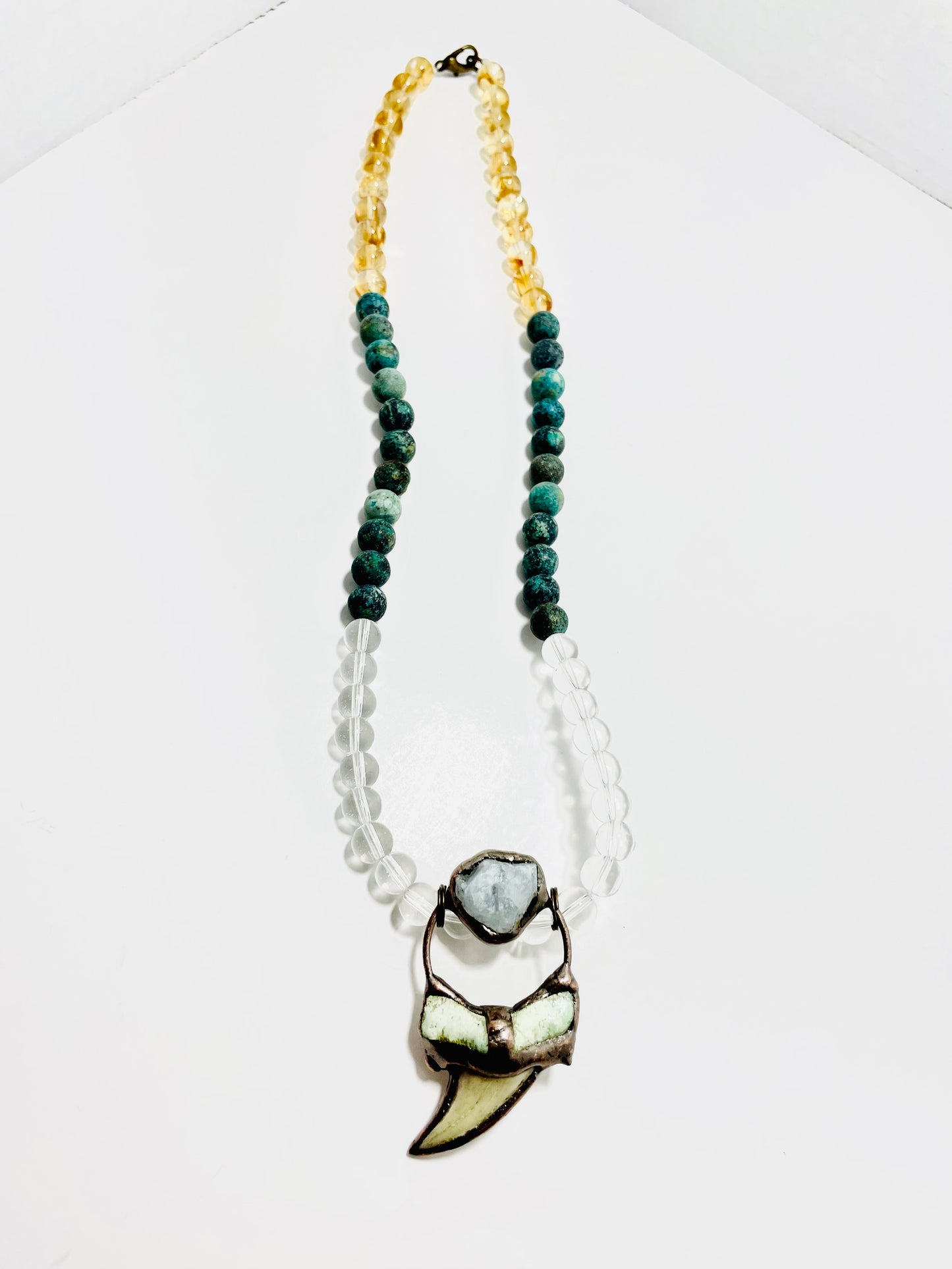 🦈 22.5” Thresher Shark Tooth & Clear Quartz Inlaid in Copper Necklace Adorned with Clear Quartz, Matted African Turquoise, & Citrine Beads