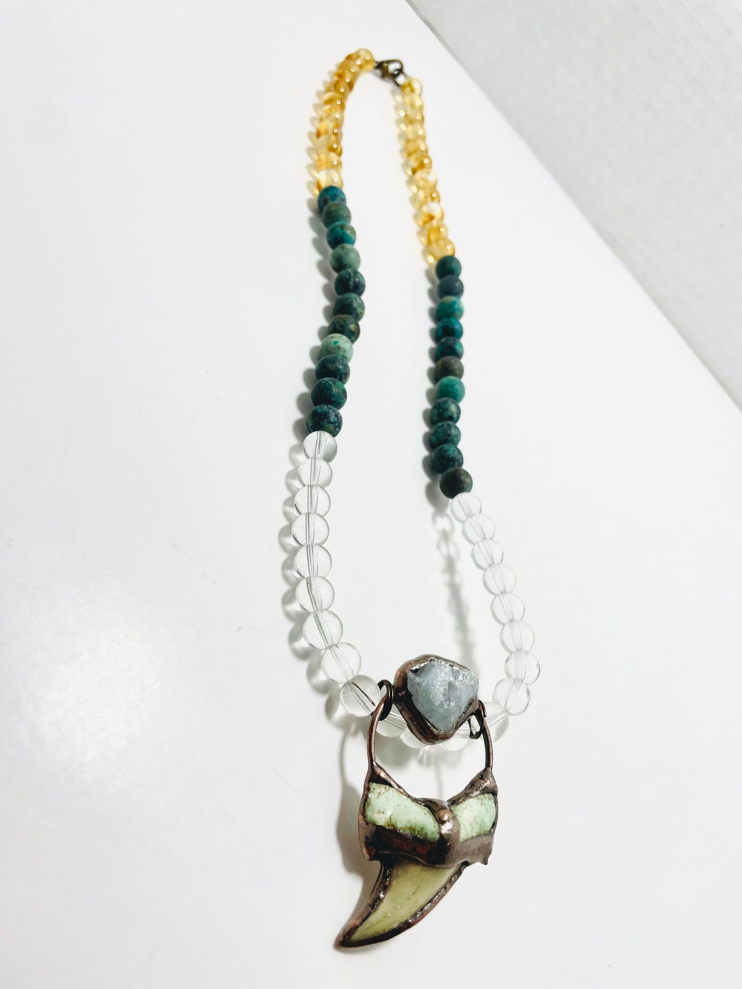 🦈 22.5” Thresher Shark Tooth & Clear Quartz Inlaid in Copper Necklace Adorned with Clear Quartz, Matted African Turquoise, & Citrine Beads