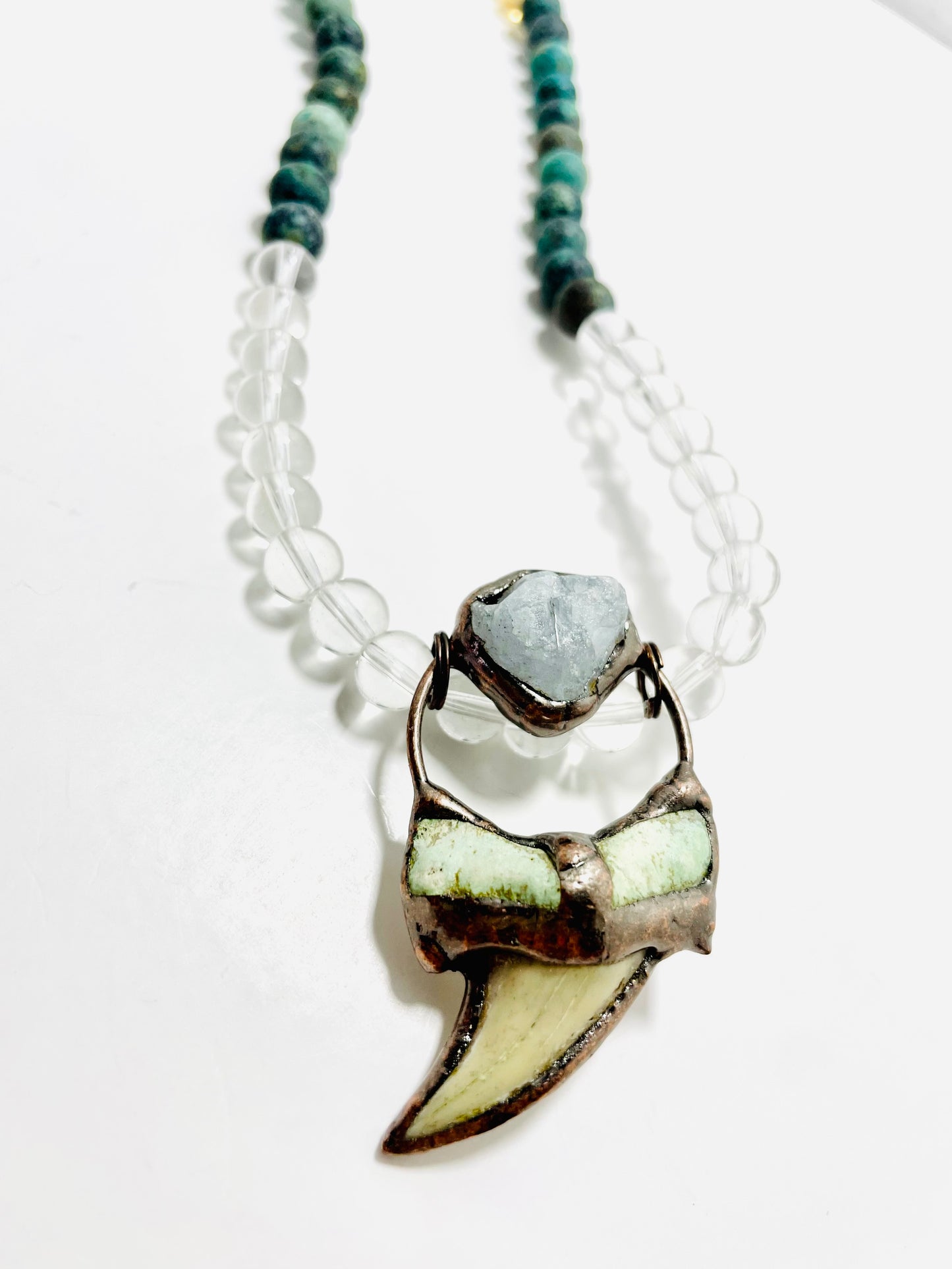 🦈 22.5” Thresher Shark Tooth & Clear Quartz Inlaid in Copper Necklace Adorned with Clear Quartz, Matted African Turquoise, & Citrine Beads