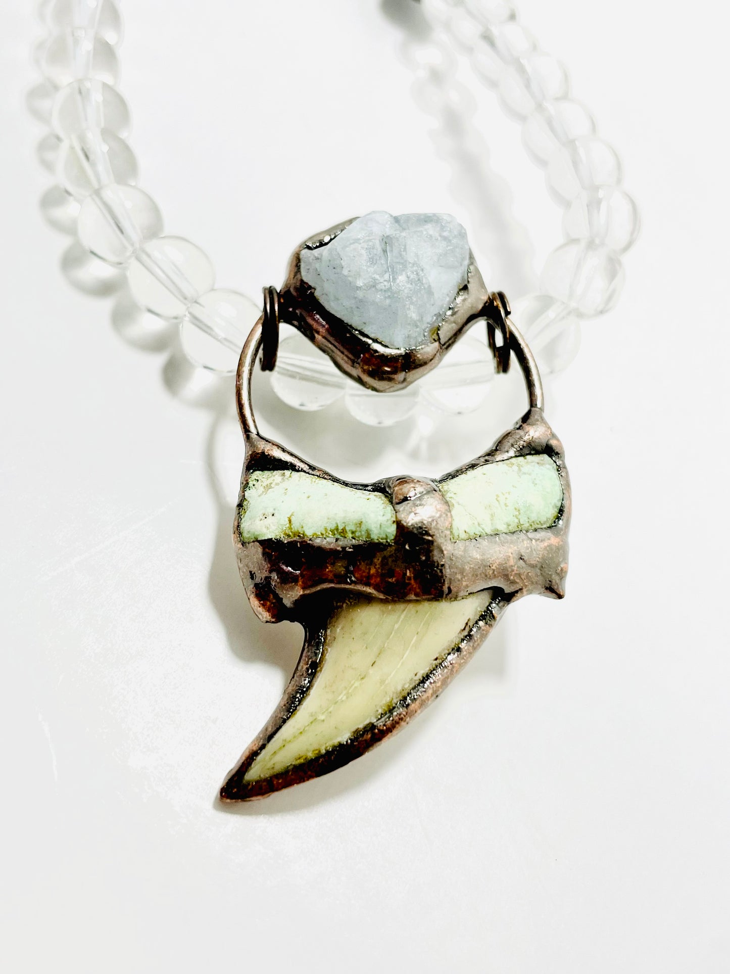 🦈 22.5” Thresher Shark Tooth & Clear Quartz Inlaid in Copper Necklace Adorned with Clear Quartz, Matted African Turquoise, & Citrine Beads