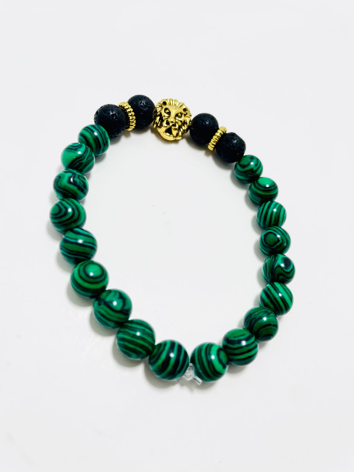 Lion of Judah Diffuser Bracelet – 8mm Malachite & Lava Stone with Gold Lion Beads | Handmade by Mad Mellow