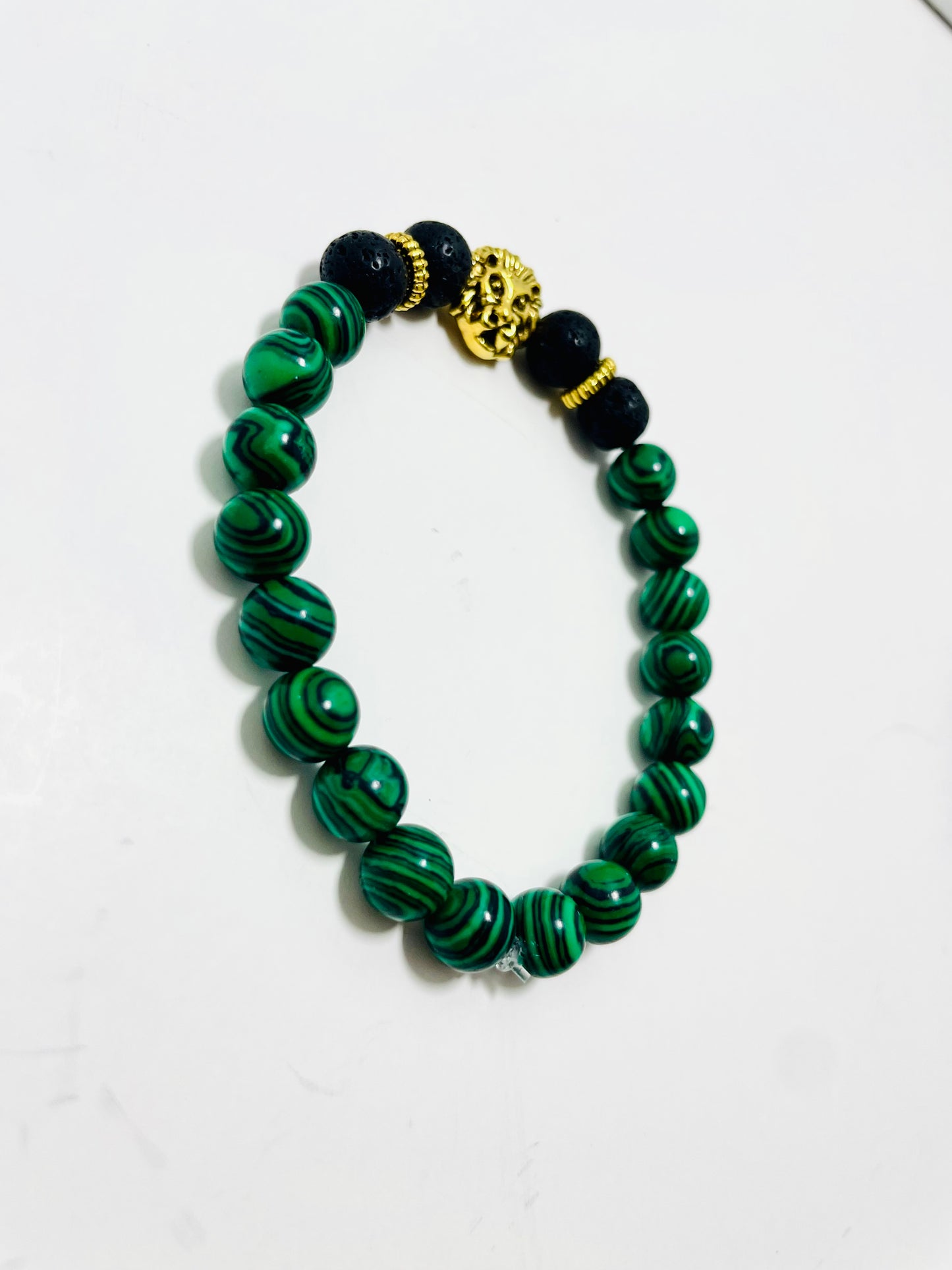 Lion of Judah Diffuser Bracelet – 8mm Malachite & Lava Stone with Gold Lion Beads | Handmade by Mad Mellow
