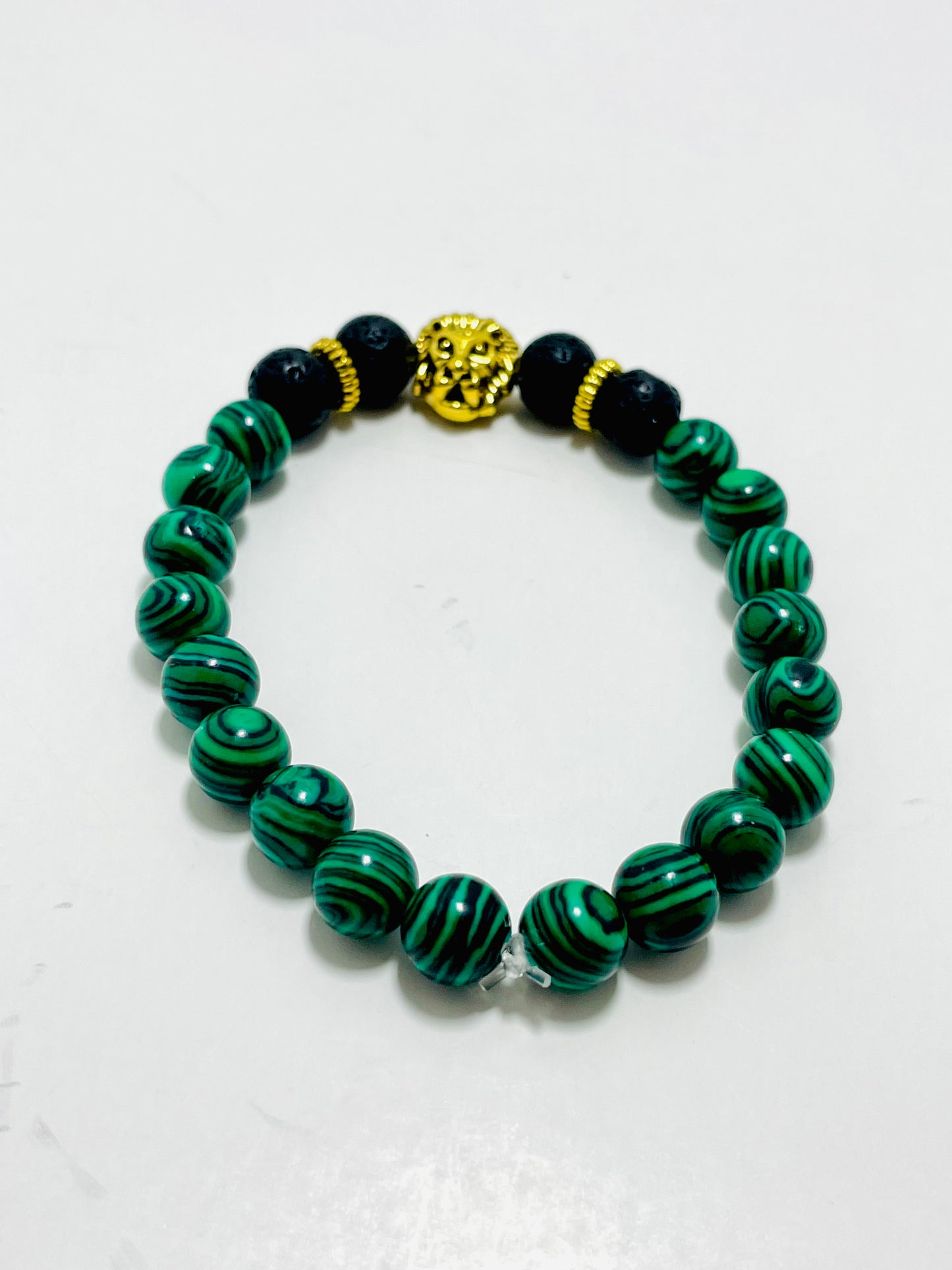 Lion of Judah Diffuser Bracelet – 8mm Malachite & Lava Stone with Gold Lion Beads | Handmade by Mad Mellow