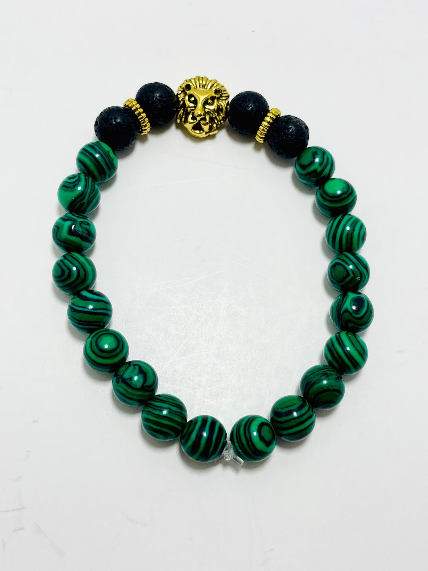Lion of Judah Diffuser Bracelet – 8mm Malachite & Lava Stone with Gold Lion Beads | Handmade by Mad Mellow