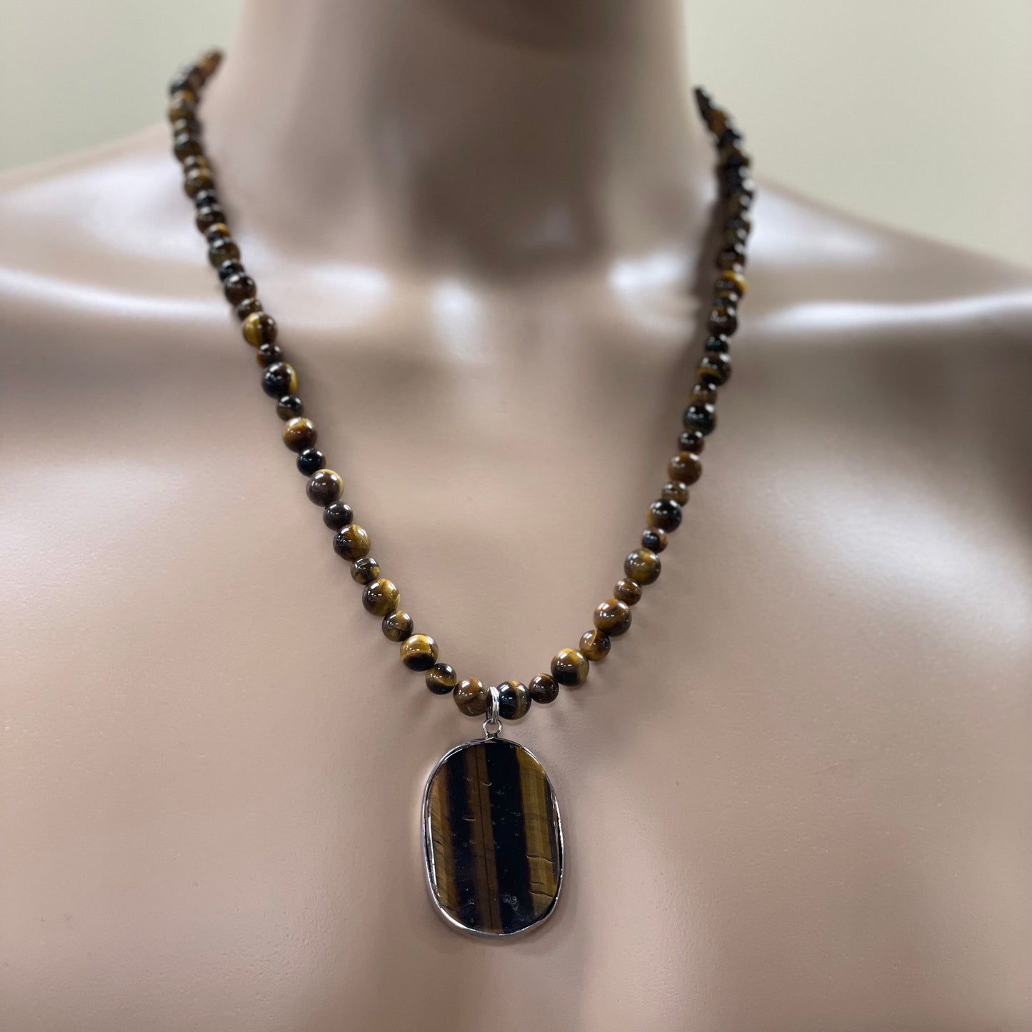 🐯✨ Bold Tiger’s Eye Necklace – 25” Oval Pendant w/ 8mm Tiger’s Eye Beads