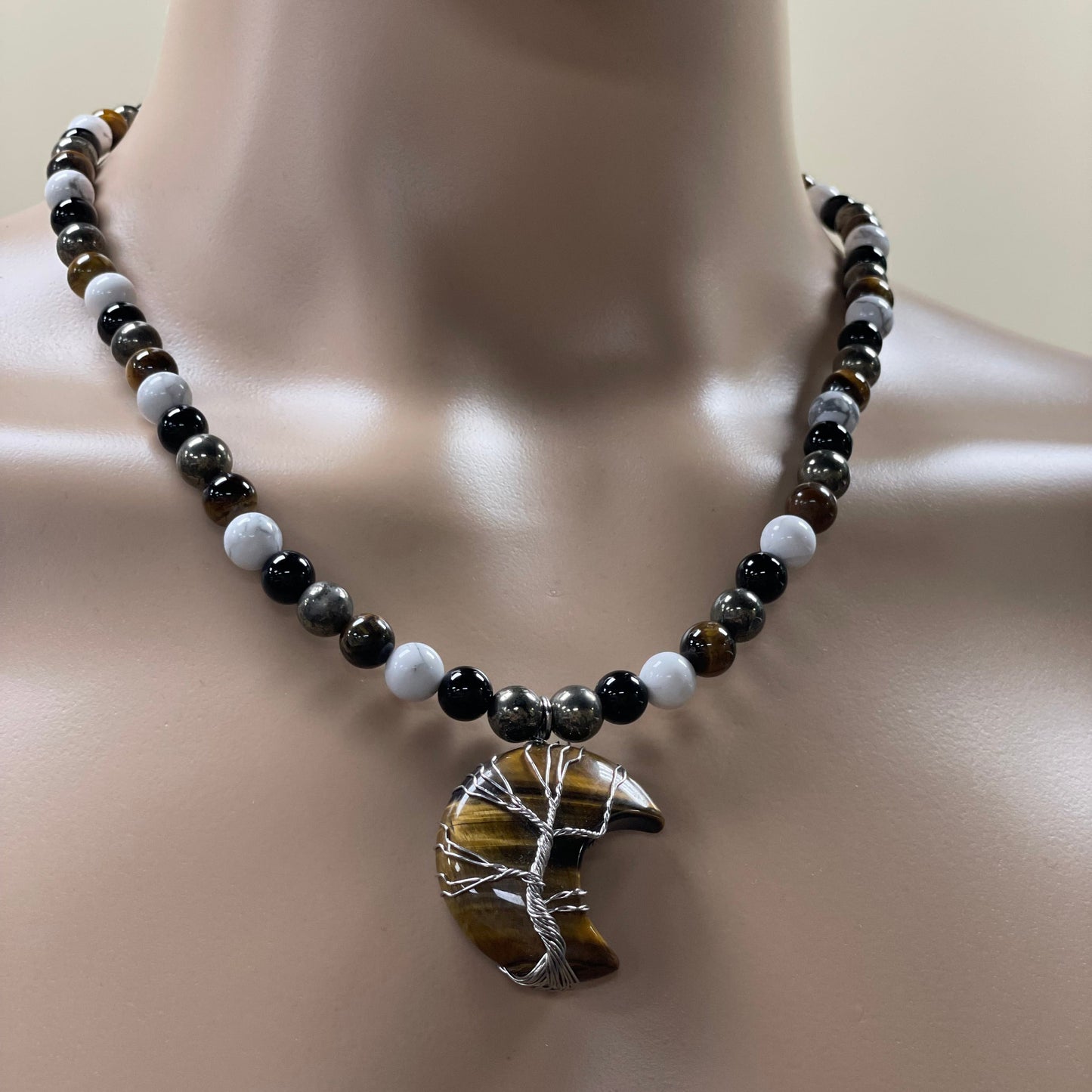 22” Wire Wrapped Tigers Eye Tree Of Life Moon Necklace Adorned With 8mm Pyrite, Onyx, Tigers Eye, & Howlite Beads