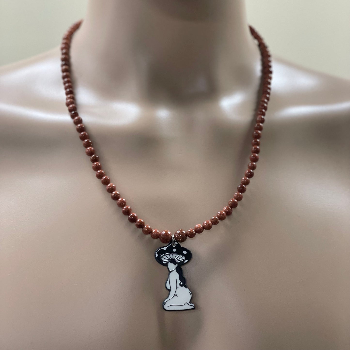 🍄✨ Mushroom Babe Necklace – 24.5” Resin Mushroom Pendant w/ Goldstone Beads