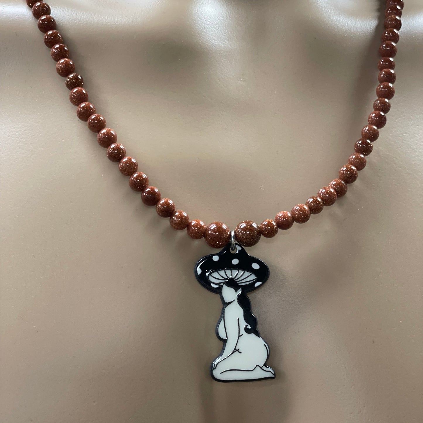 🍄✨ Mushroom Babe Necklace – 24.5” Resin Mushroom Pendant w/ Goldstone Beads