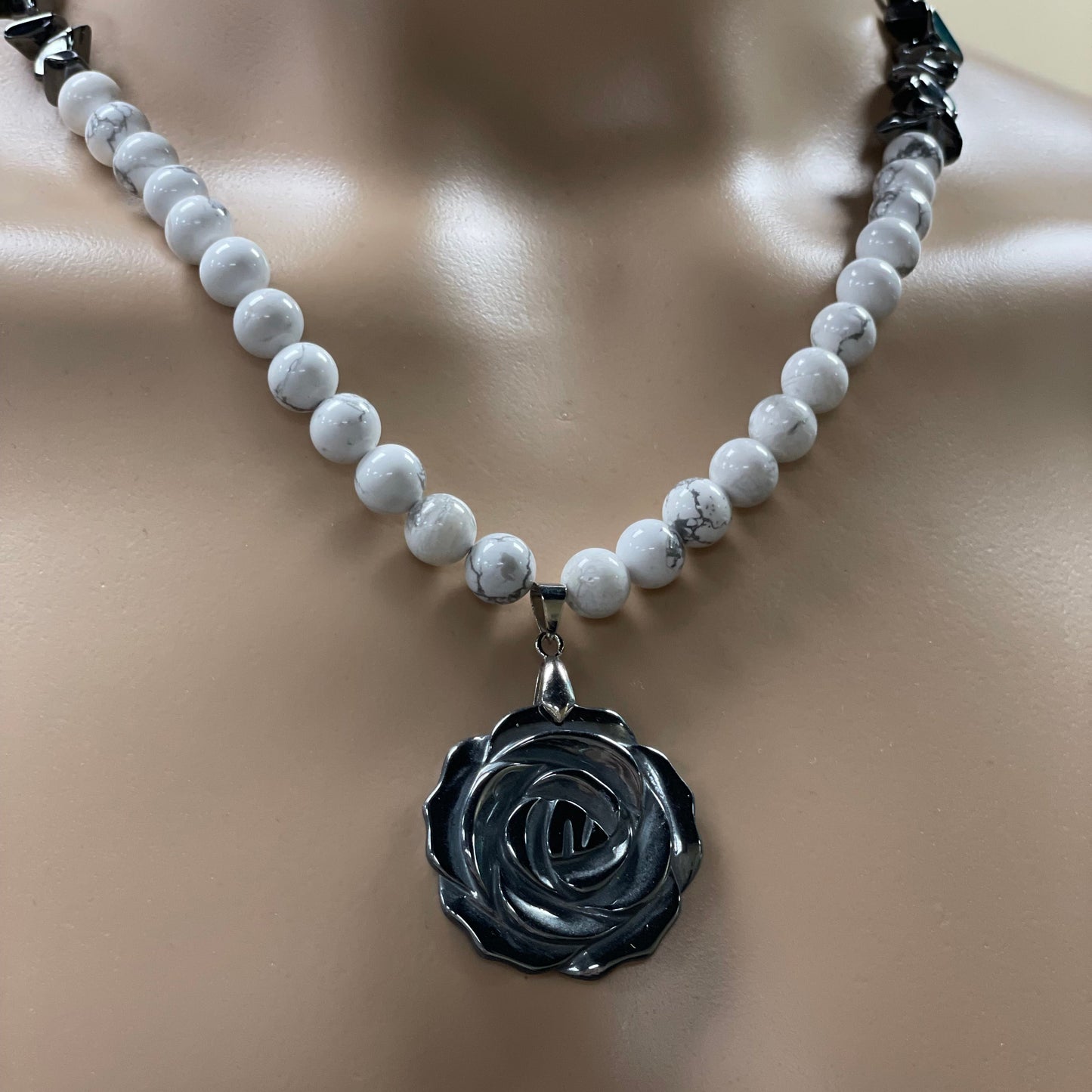 πΉβ¨ Pyrite Rose Necklace β 22β Howlite & Hematite Crystal Power