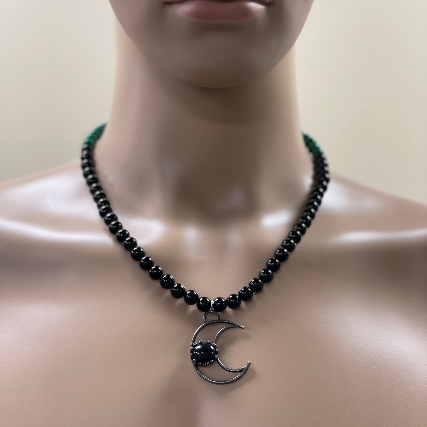 21.5” Stainless Steele & Onyx Half Moon Necklace Adorned With 6mm Onyx & Malachite Beads
