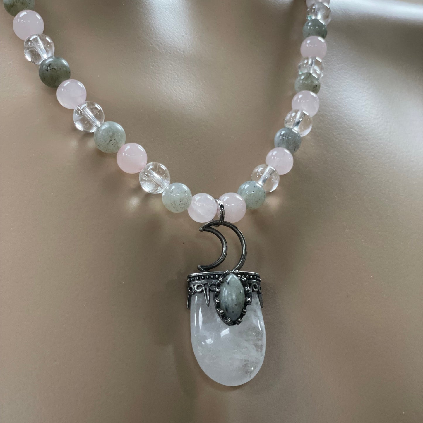 πβ¨ Lunar Light Necklace β 25β Clear Quartz Moon w/ Labradorite & Rose Quartz Vibes