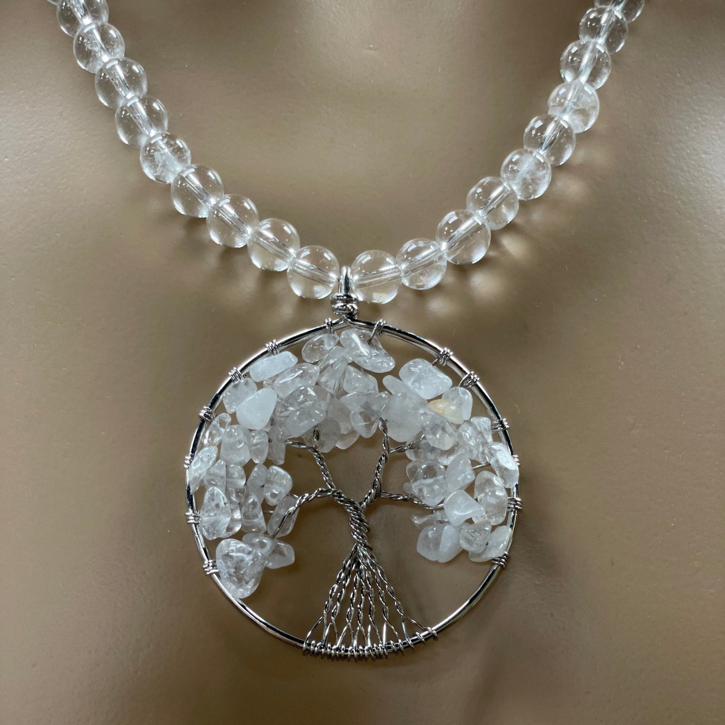 23” Wire Wrapped Stainless Steele Clear Quartz Tree of Life Necklace Adorned With 8mm Clear Quartz, Green Moss Agate, & Stainless Steele Spacer Beads