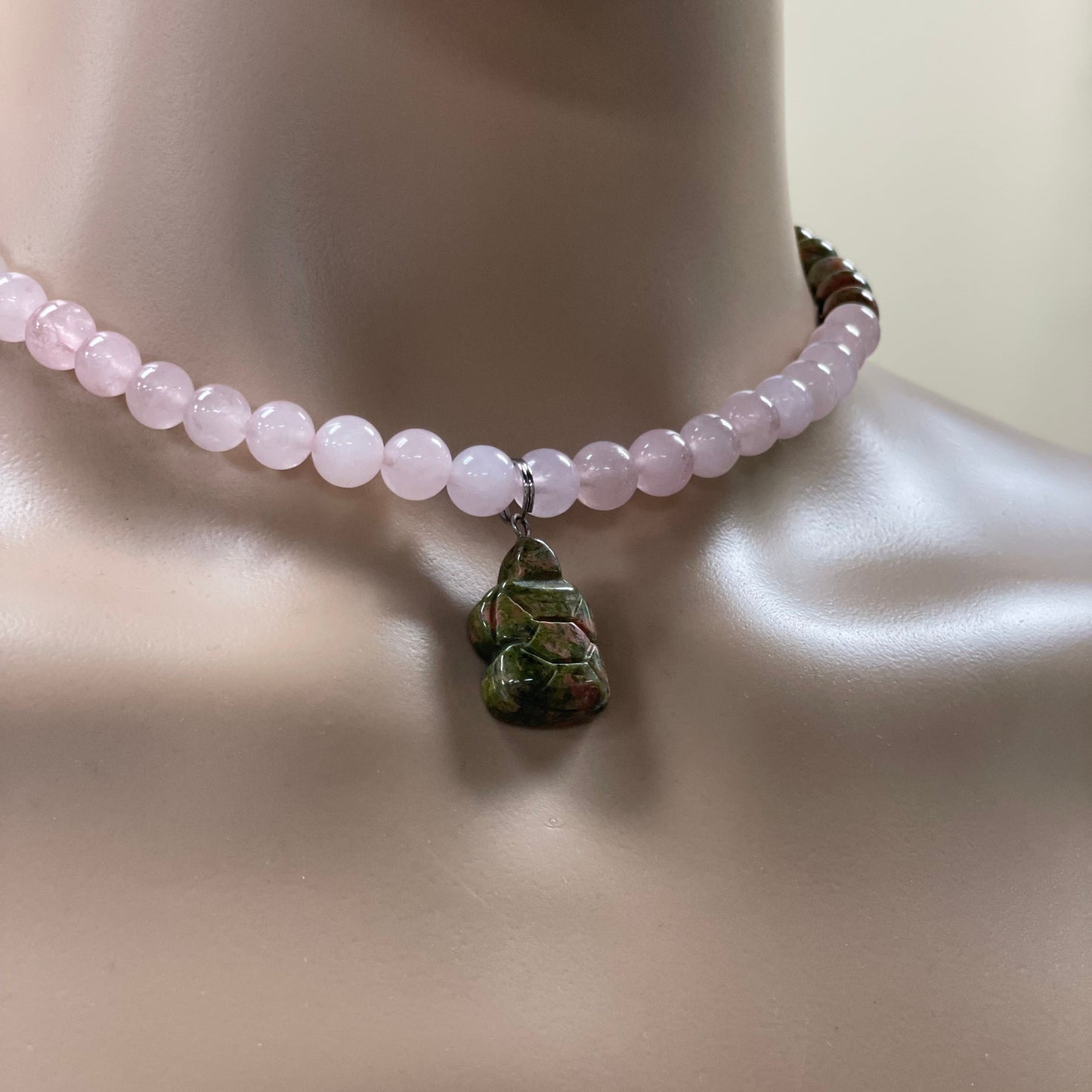 17.5” Unakite Turtle Necklace Adorned With 8mm Rose Quartz & Unakite Beads