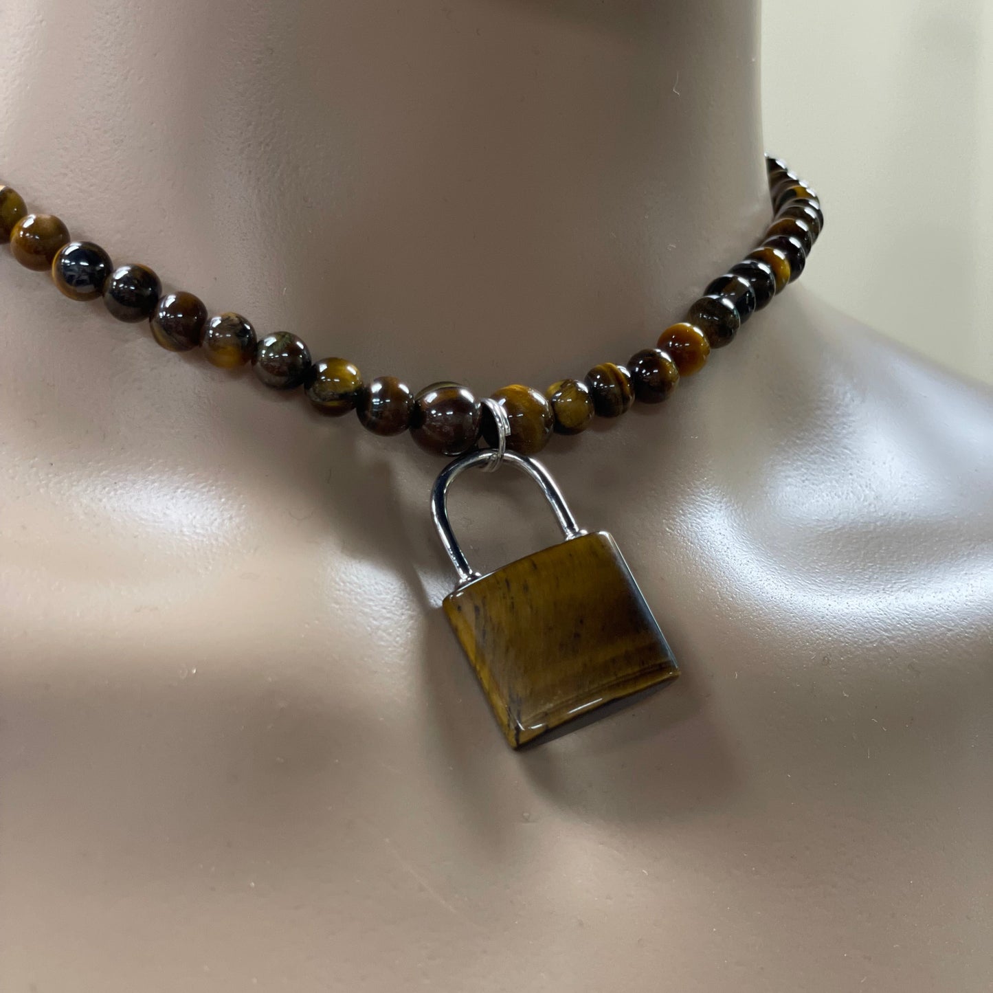 17” Stainless Steele & Tigers Eye Padlock Chocker Necklace Adorned With 6mm Tigers Eye Beads