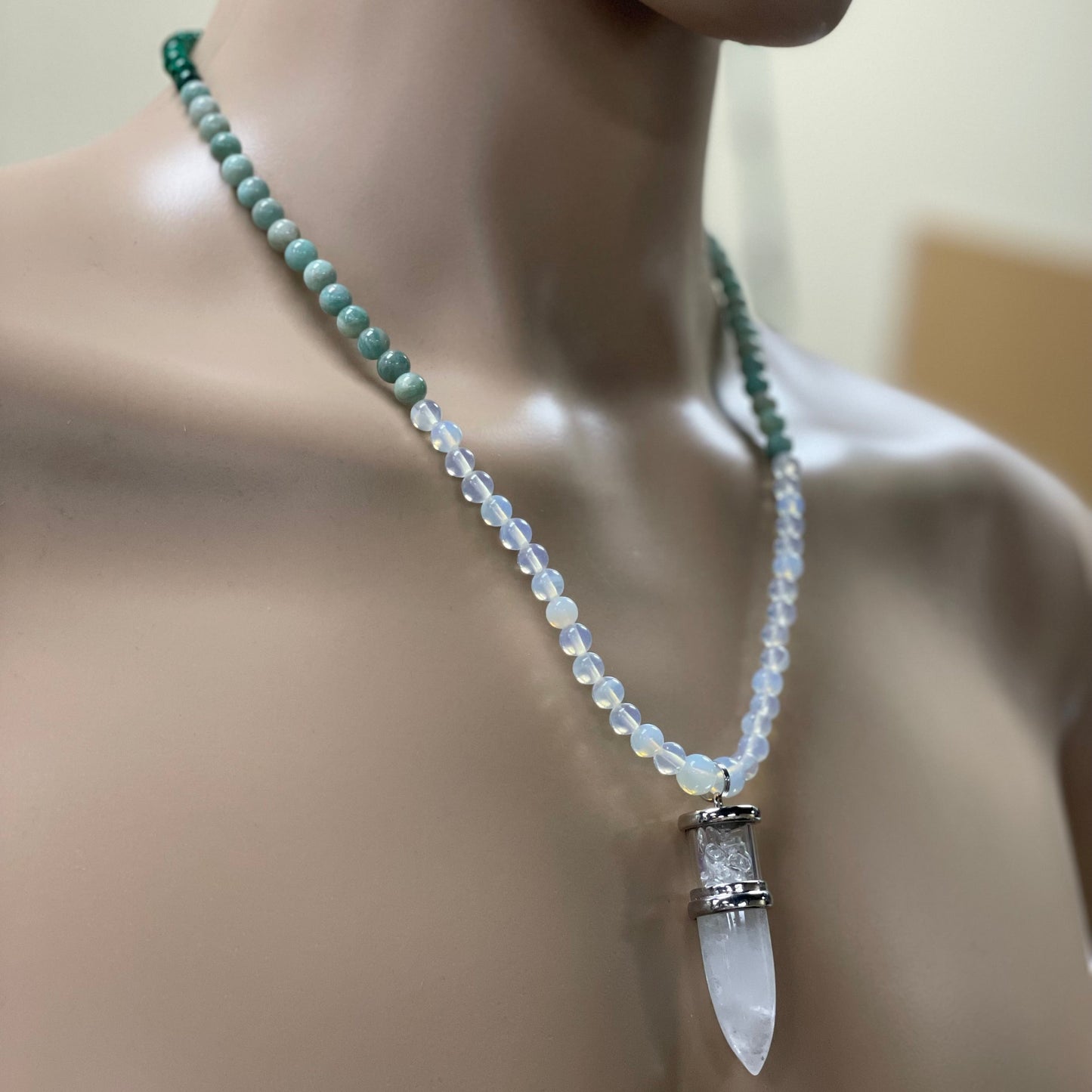 ✨ 23" Clear Quartz Bullet Necklace Adorned with 6mm Opalite, Jade, & Malachite Beads